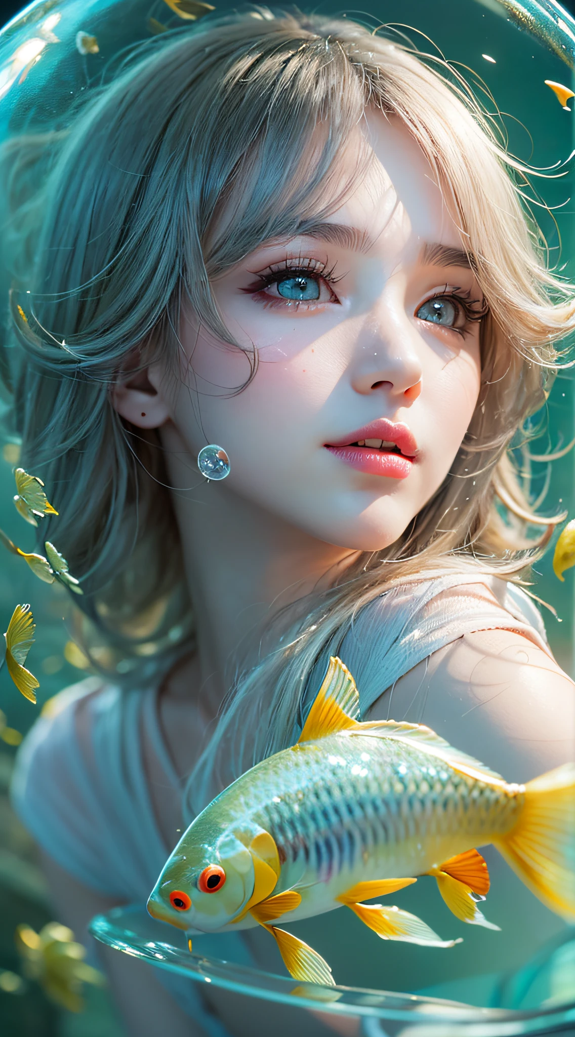 best quality, masterpiece, (realistic:1.2), 1 girl, detailed face, beautiful eyes, [(Transparent background:1.5)::5],(((masterpiece))),(((best quality))),(((extremely detailed))),illustration, 1girl,solo,mysterious,vivid color, shiny, underwater transparent sealed hemispherical glass dome, (white hair),(purple eyes), full body, barefoot, long hair tranquil nature, koi, Underwater, Dome, close up, Dynamic actions, Lens perspective,(((Box composition))),sit cross-legged and lean against the bookshelf, volumetric lighting, multi-color eyes, detailed eyes, hyper detailed, light smile, highly detailed, beautiful, small details, ultra detailed, best quality, intricate, 4k, 8k, trending on art station, good anatomy, beautiful lighting, award-winning,