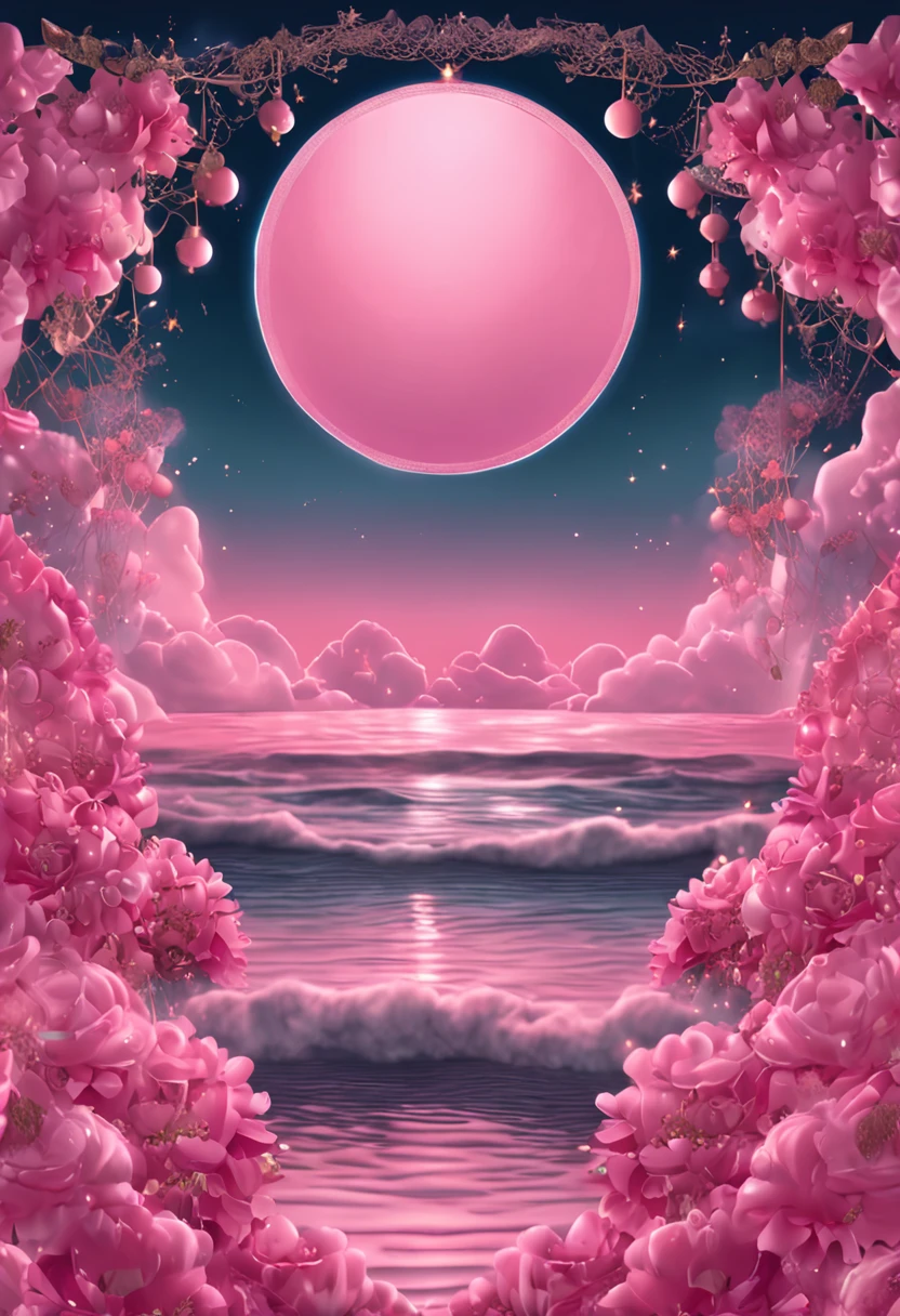 Pink moon,pink skies,Illustration style,Soft pink clouds,pink ocean waves sparkling,Sparkling,pink roses on pink ocean,fanciful,diamond,tiara crown,kosmos,gentlesoftlighting,