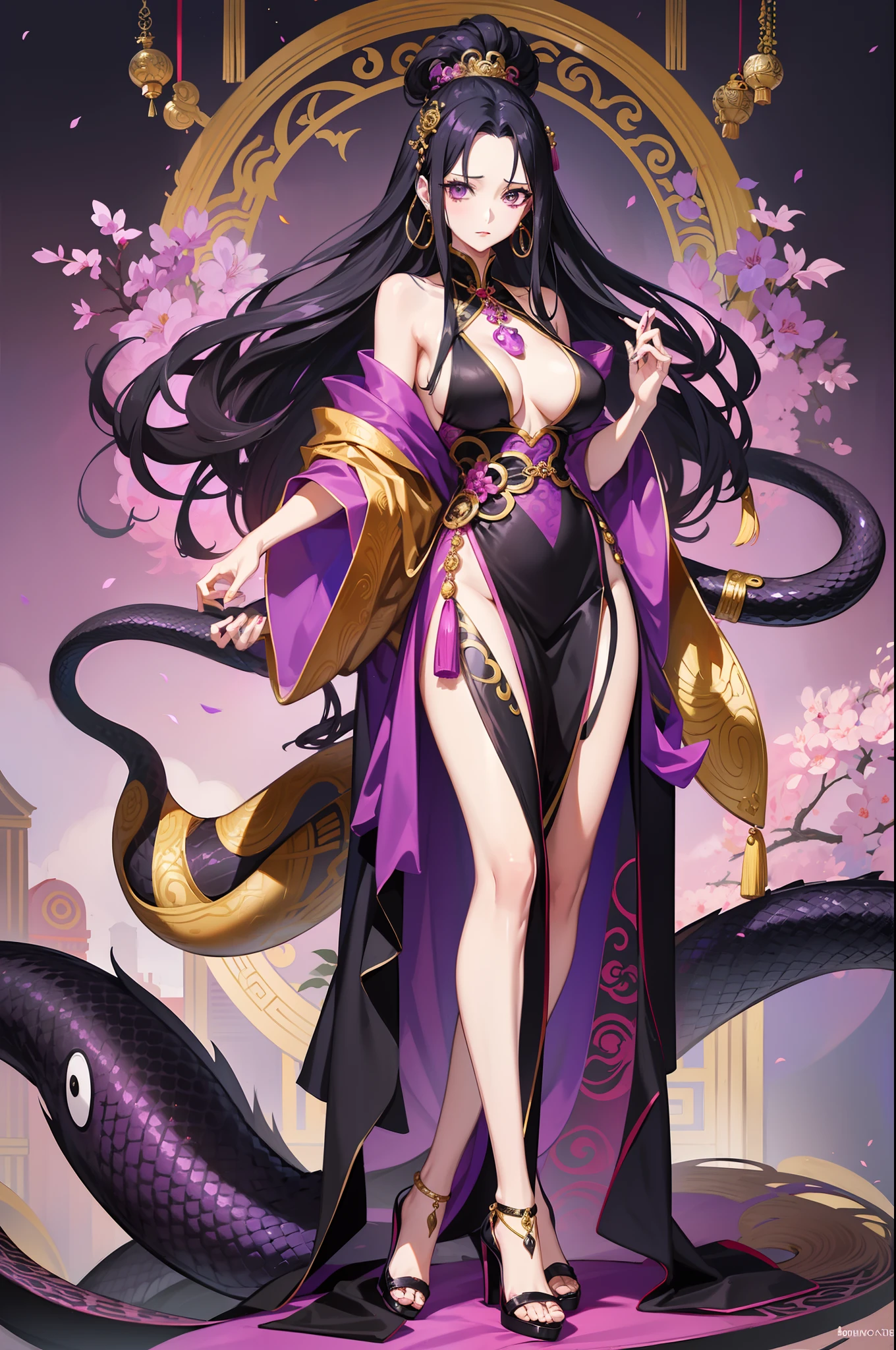 one piece boa hancock, purple and black color silk chinese dress outfit, snake shape earring, perfect body shape, long legs, masterpieces, empress aura, make up, surrounded by python, black long hair, black bright pupil, pink love shape bubble effect, big breast, high heels,