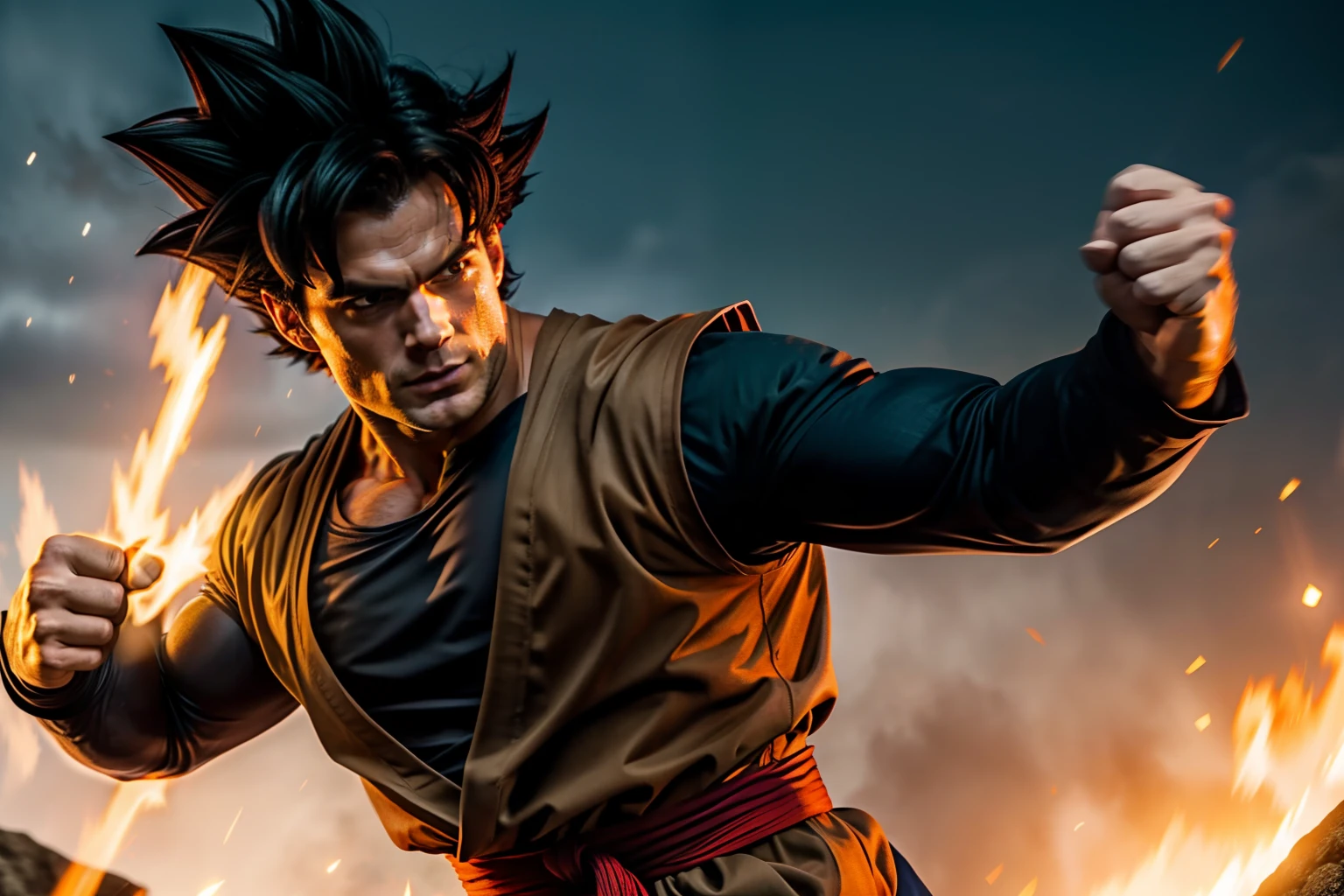 Henry Cavill dressed as goku, dynamic pose, action scene