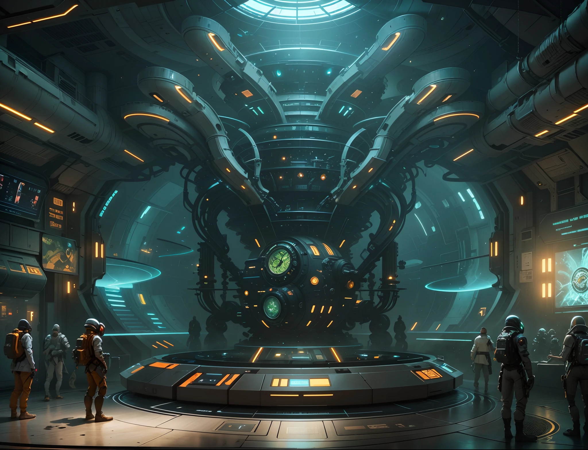 aliens in a spaceship room with a large clock and a large screen, depicted as a scifi scene, science fiction concept art, 8 k high detail concept art, interior of an alien spaceship, sci fi concept art, concept art 8 k, sci-fi hollywood concept art, sci - fi concept art, sci-fi concept art, award winning scifi art
