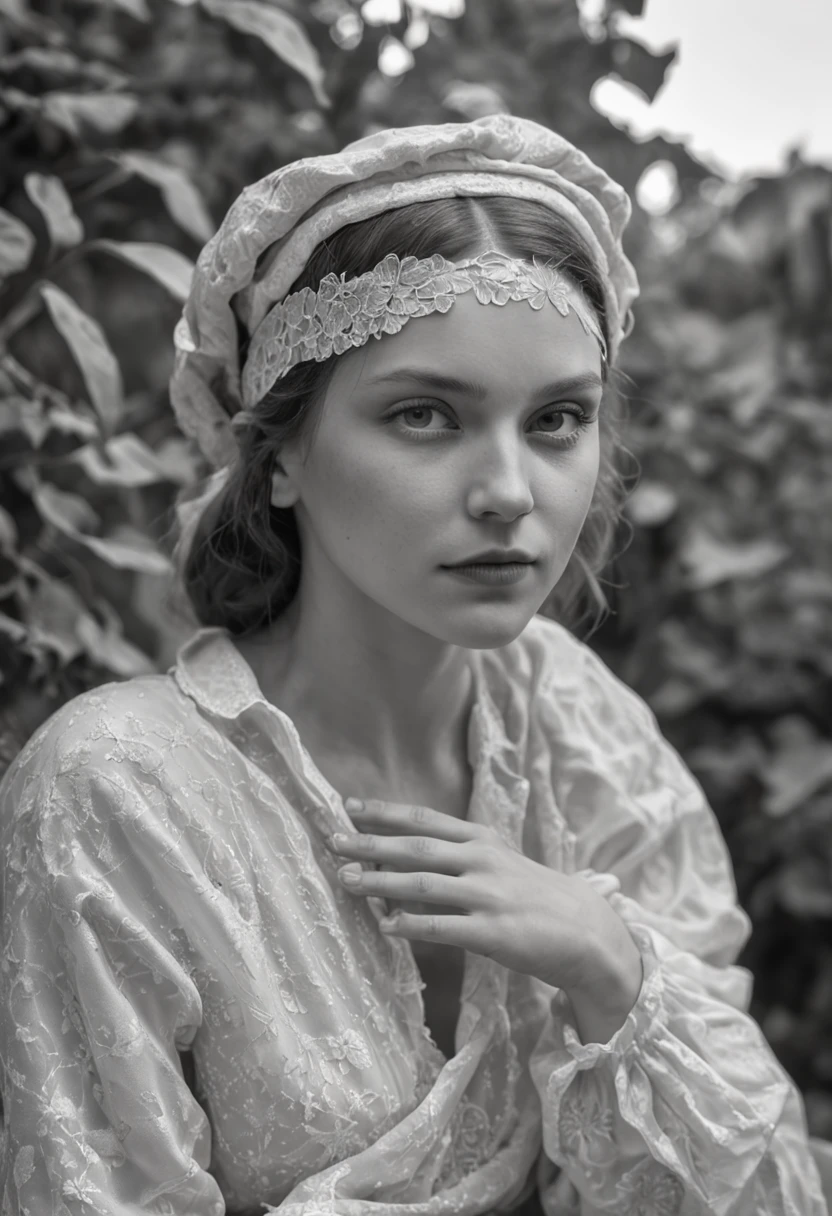 Retrato hiperrealista de mujer Joven Rusa por David Hockney y Alphonse Mucha, y Giger, pintura en blanco y negro, Fantasyart, fotorrealista, dynamic lighting, artstation, cartel, volumetric illumination, caras muy detalladas, 4 K, premiado