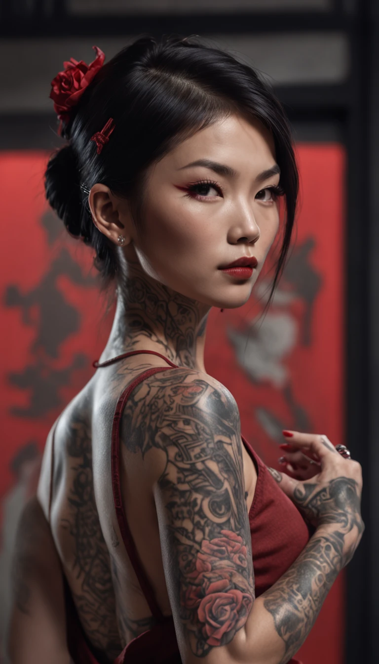 Yakuza girl, black hair, many Earrings, tattoos in neck, goth, Red lips, red eyes, beautiful, angry 