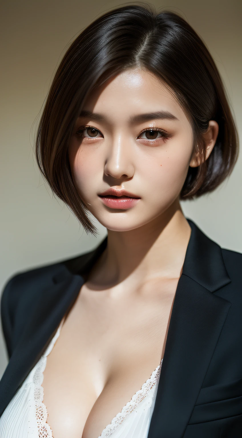 home tutor、Woman in suit、Shorthair、(Colossal tits:1.3)、(masterpiece、top-quality)、((20 year old woman:1.2))、Young adorable Japan face, dewy skin, Soft portrait shots,8K,、very extremely beautiful、