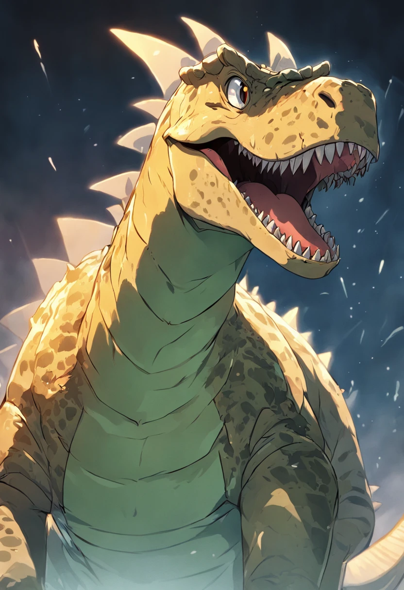 crie um Tiranossauro Rex em close-up, smiling with an expression of joy,He's superhero friend, personagem de desenho infantil, for kids. UHD, Super detalhado.