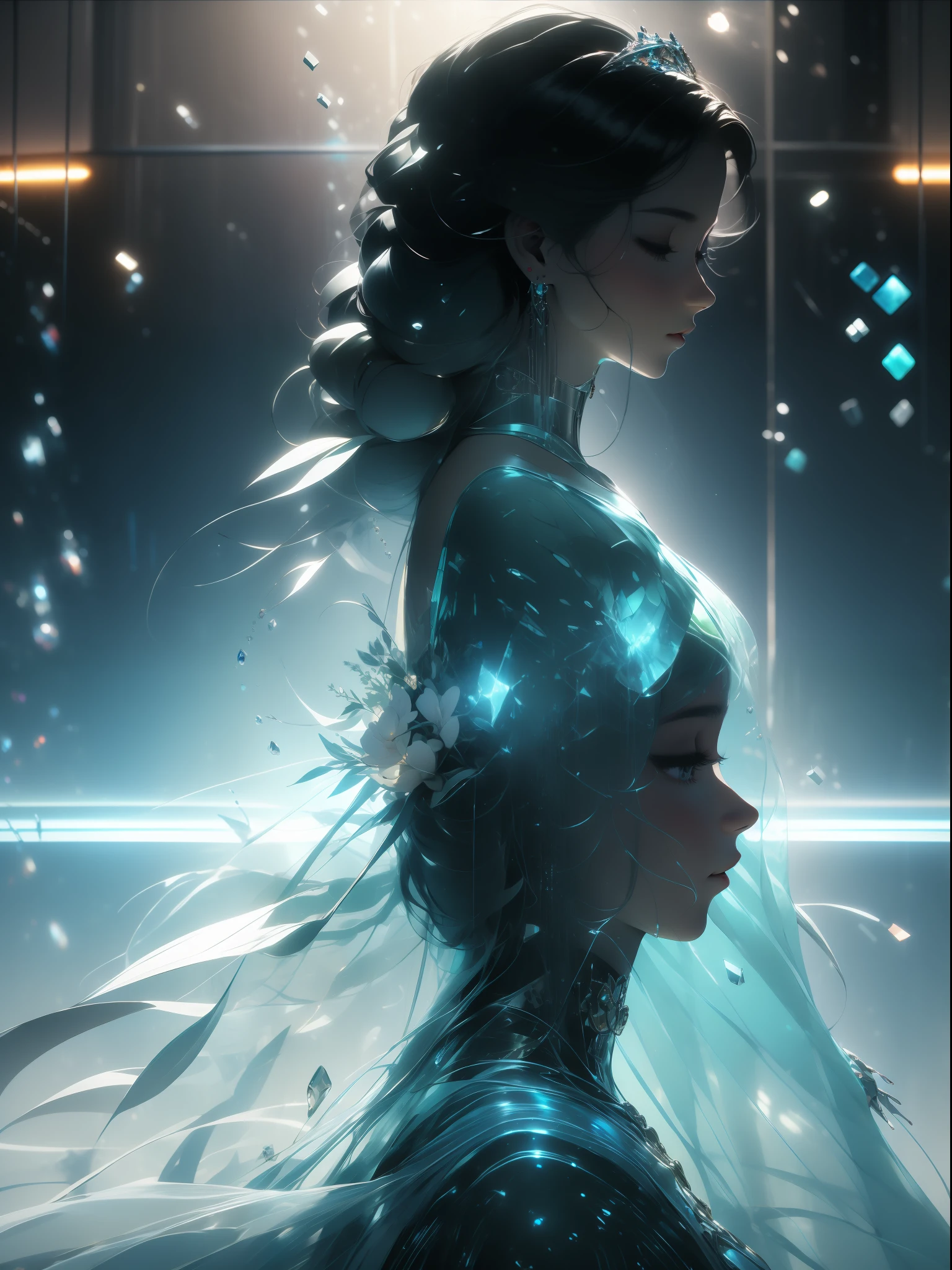 A photo of an 8K ultra-realistic rainbow transparent glass humanoid queen standing in a spaceship window overlooking the Earth, Groups of clear glass fragments, Cinematic lighting, trending on artstationh, 4K, Hyperrealistic, Focused, extreme hight detail, Unreal Engine 5, Cinematic, Masterpiece
