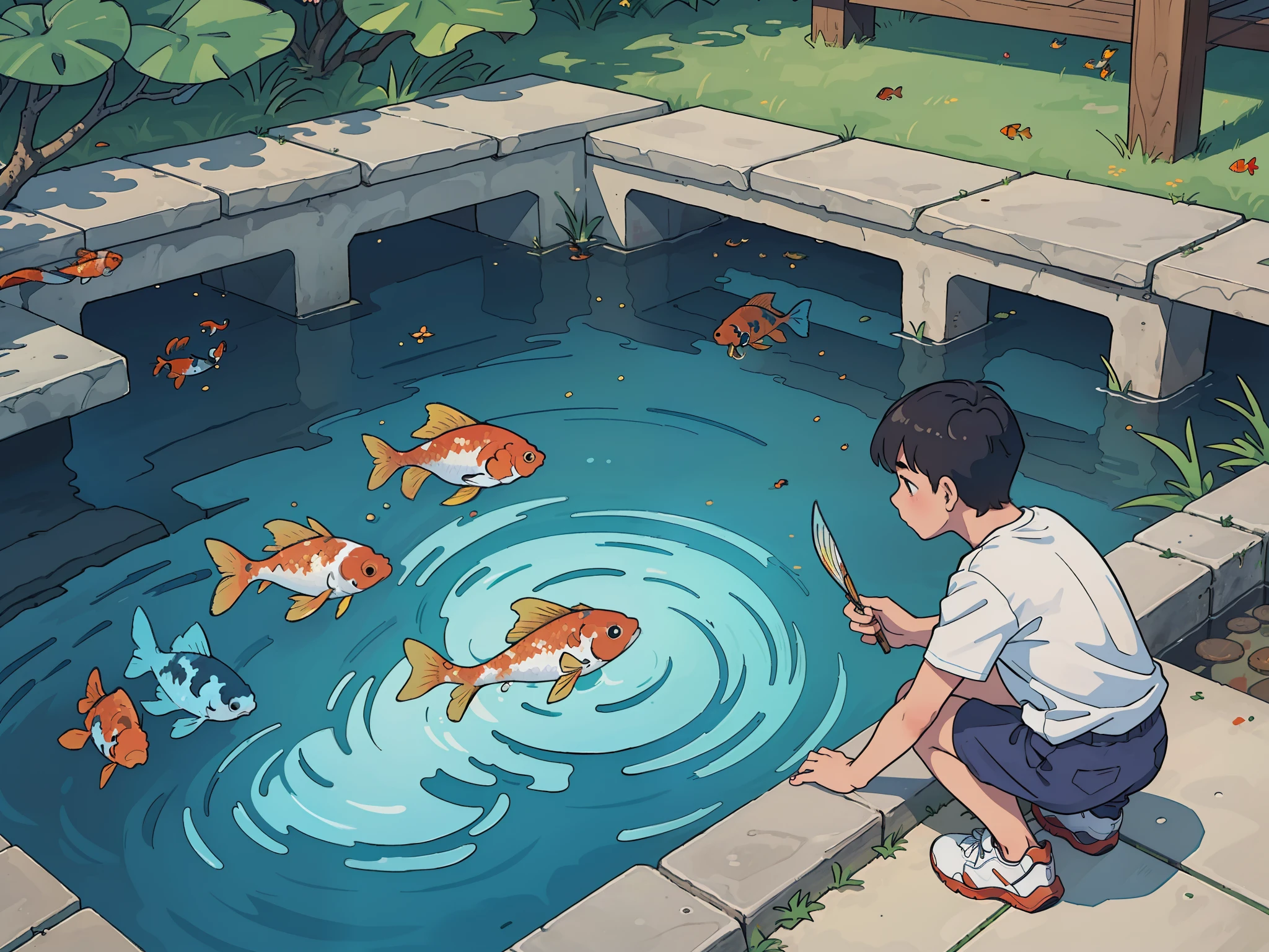 (masterpiece, best quality), best resolution, elementary school boy, t-shirt, short pants, sneakers, squatting at the edge of a fish pond, koi fish swimming in the water