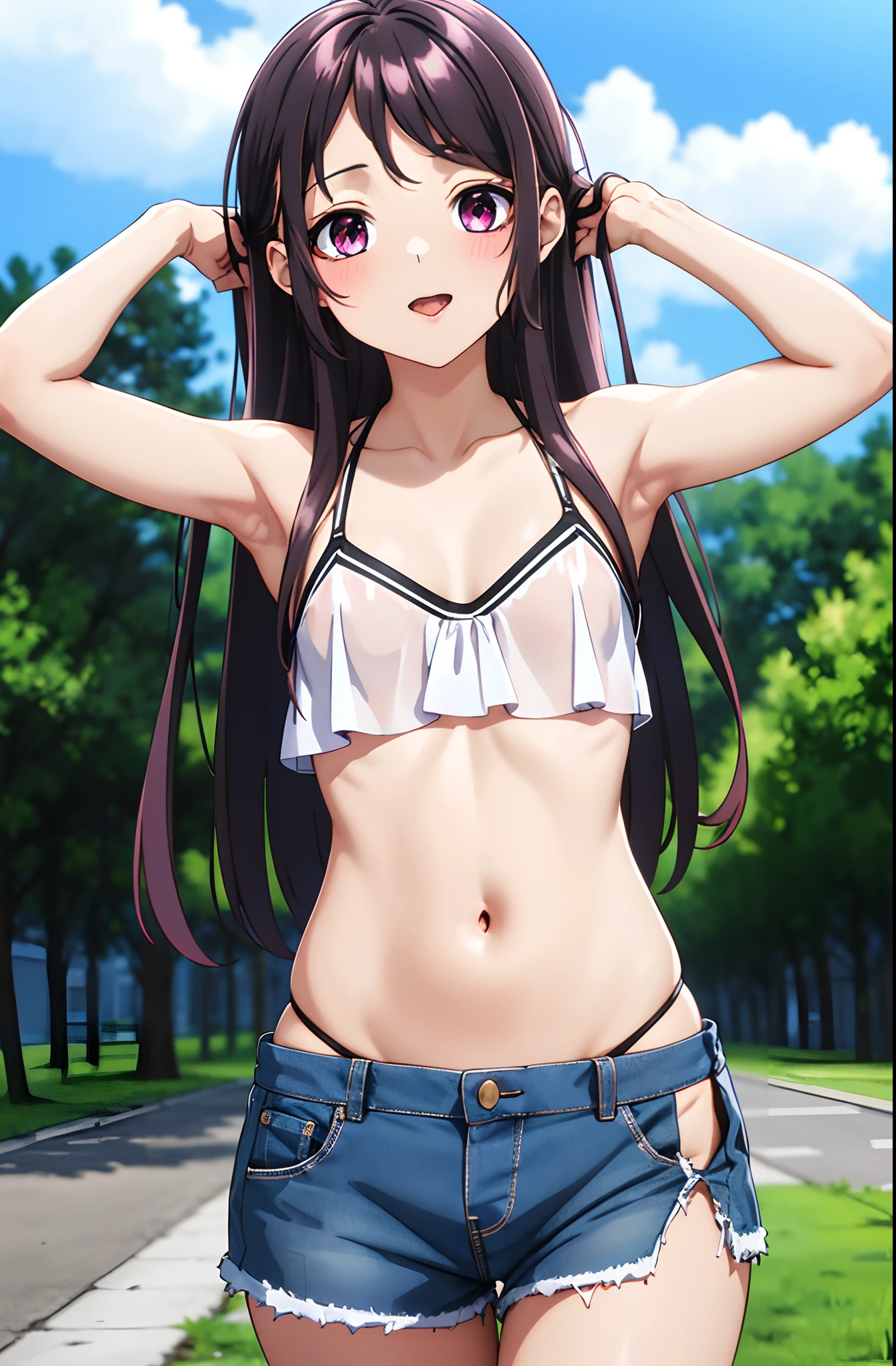 KaoriHojo, GIRL, (Masterpiece: 1.1), (Best Quality: 1.1), mircro bikini, (White Bikini: 1.1), Spat, [Green Grass: Pink, :0.5] Themed, (Urban Background: 1.1), Denim Lenses, Blake Silver, Landscape, small chest, short height,  girl, flat chest, small, see-through, cleavage, ((bare shoulder)), loose shirt, navel, (presenting armpit), open mounth, tongue out, Upper body, blush, embarrassing