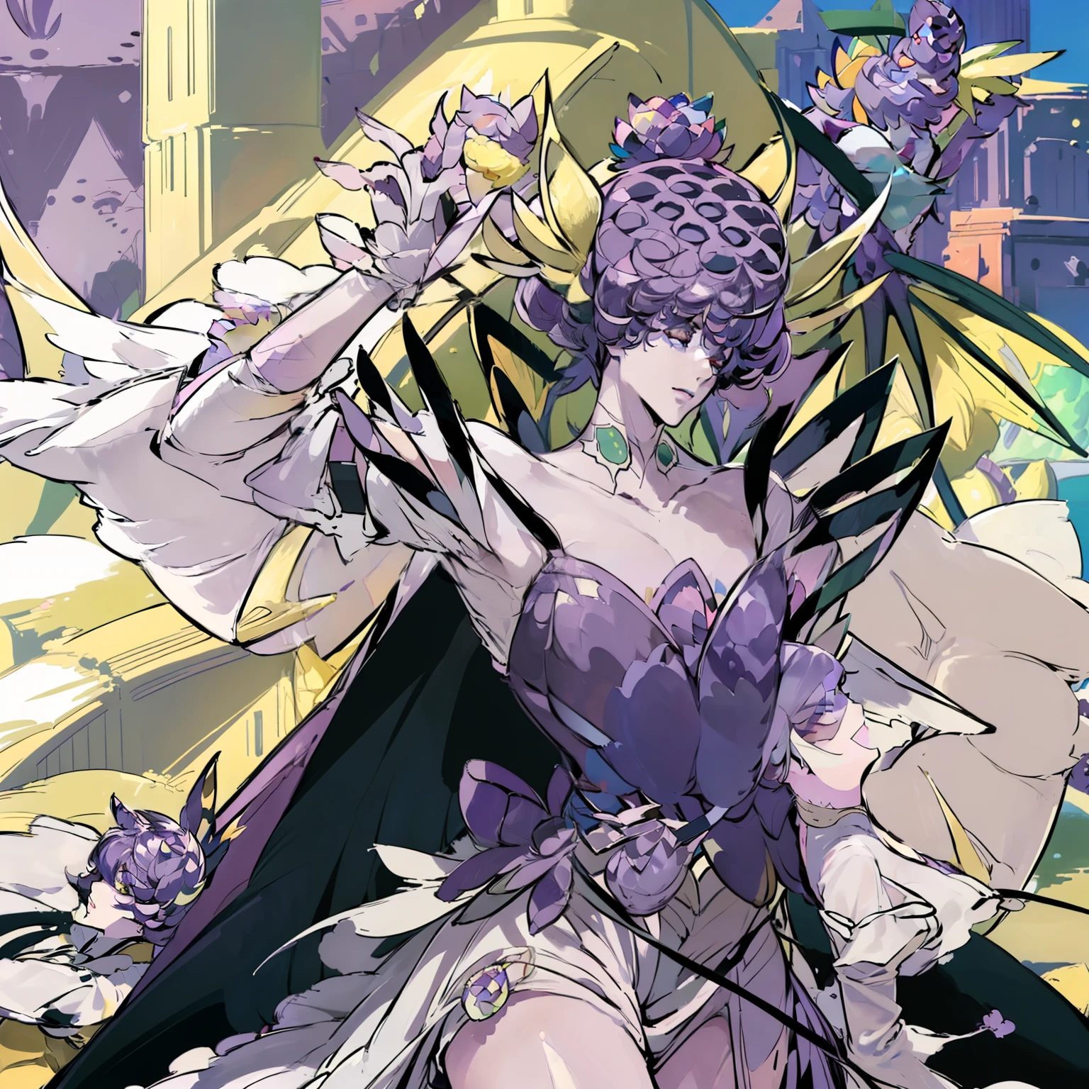 ((mature male, masterpiece, looking down, gods)),((masterpiece: 1.2)),ultra-detailed, ultra high res, high quality, 4K, solo, 1boy,extremely delicate and beautiful,illustration,masterpiece,(illustration),(highres),digimon,fishnets,purple helmet,standing, ((Lotusmon as a Man)),(anime),(( Long purple hair))