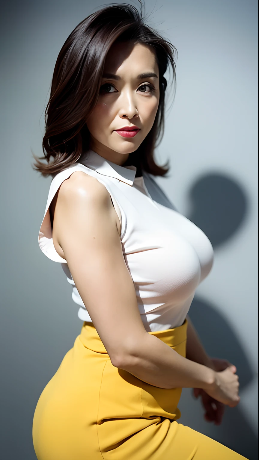 (Best Quality, 8k, 32k, Masterpiece, UHD:1.2), pretty Korean woman picture, very big breasts, very short bobbed hair, very realistic skin texture, fine facial noise, very detailed lips, cowboy shot, face focus, yellow-green skirt, earrings, dark studio background, uniform lighting, looking at the viewer, soft and smooth body, slender body, wide hips, thick thighs, contraposto, esza pose