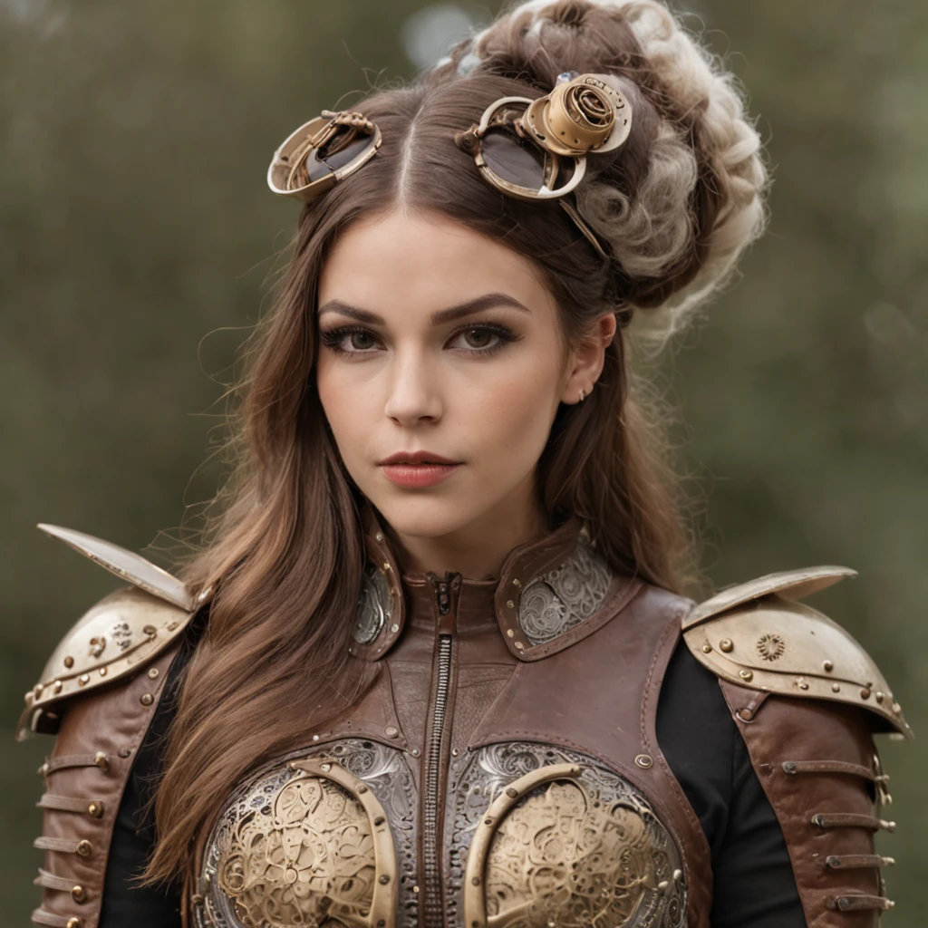guerrera de armadura pesada estilo steampunk, armadura para mujer de grandes senos