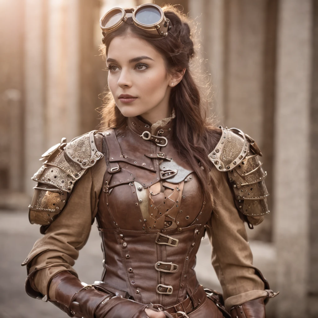 guerrera de armadura pesada estilo steampunk, armadura para mujer de grandes senos