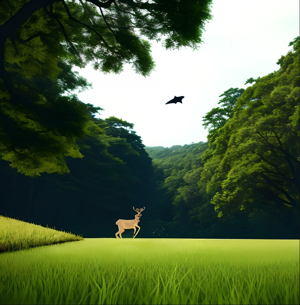A green deer ran over the edge of the grass like a black projectile。