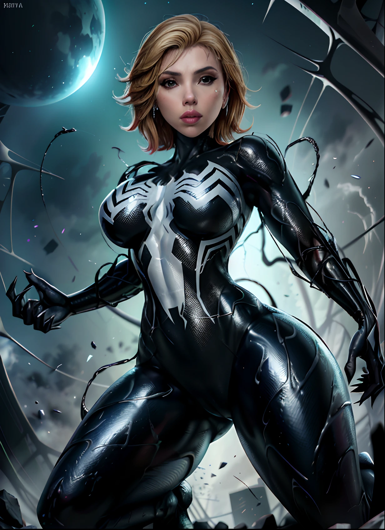 Obra-prima, 8k, realista,  good ilumination, (((Scarlett Johansson garota de 28 anos, terno preto do homem aranha venom com aranha branca no peito, loira))), cabelo comprido e sem corte, rosto bonito, chuva, telhado, obra-prima, detalhes trincados, anatomia perfeita, dinamic pose, pose de aranha