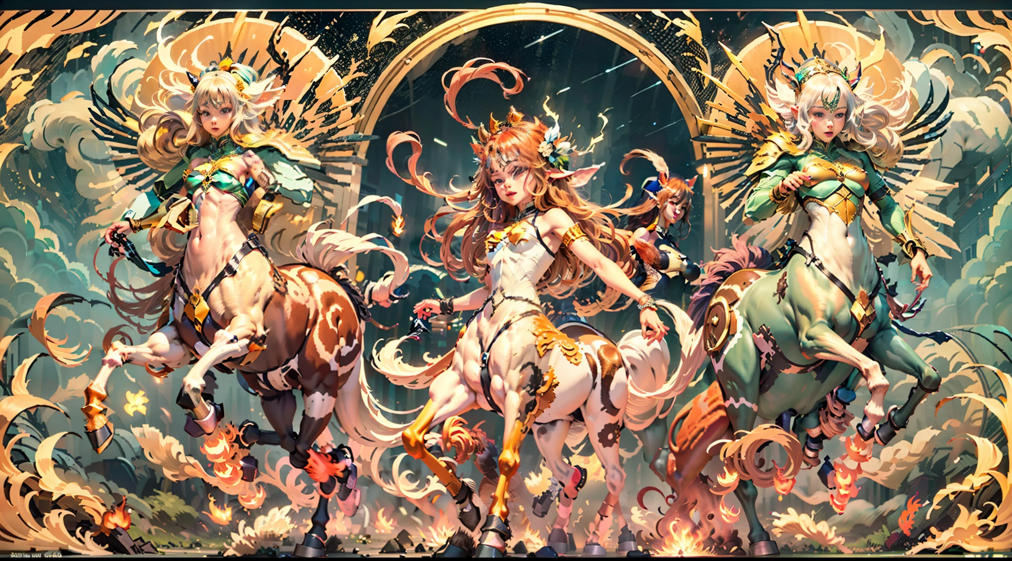 In the beautiful illustration of this super-grand scene，The ultra-long-range lens is shown（Eight unique centaur characters：9.9），They all have their own characteristics，Vivid and interesting。Radiant angelic centaurs from the heavenly realm，To the hellish centaurs surrounded by nightmarish flames，And then to the Wind Immortal Centaur dancing in the air，There are also one-horned centaurs surrounded by thunder and lightning，and mechanical centaurs that shine with metallic light，And then to the powerful dragon centaur with colored dragon scales covering the whole body，The elegant and agile elf centaur always wears a flower crown with its slender and graceful lines，Enchanting and charming Tiflin centaurs。Each character has their own unique charms and abilities。The illustration uses advanced artistic techniques and tools，（Divide the scene into sections by geometric arrangement：9.9），Each section corresponds to a centaur character，This makes more efficient use of space。Through Midjourney's advanced brush tools、Color palette、Material packs and model packs，Exquisite costumes and equipment are designed for each centaur，Enhances the character's personality and visual appeal。The scenery in the illustrations is stunning，There are changing skies、rainbowing、extreme light、Stars and Moon。Incorporating iconic landmarks such as Mount Everest，and fireworks、tranquil lake、Natural and urban elements of waves and neon lights，Creates a magical atmosphere。The centaurs showed off their skills and equipment in a variety of environments，This is true even in extreme alien landscapes。（Use Midjourney's tools、Material packs、Texture tools、The color palette makes depicting details vivid and realistic：9.9），From intricate hairstyles and clothing to authentic textures，Enhances the realism of the characters and surroundings。The fusion of multiple art styles adds movement to the centaur's movement at all angles，The overall visual experience is further enriched。The final illustration was described as a "mast