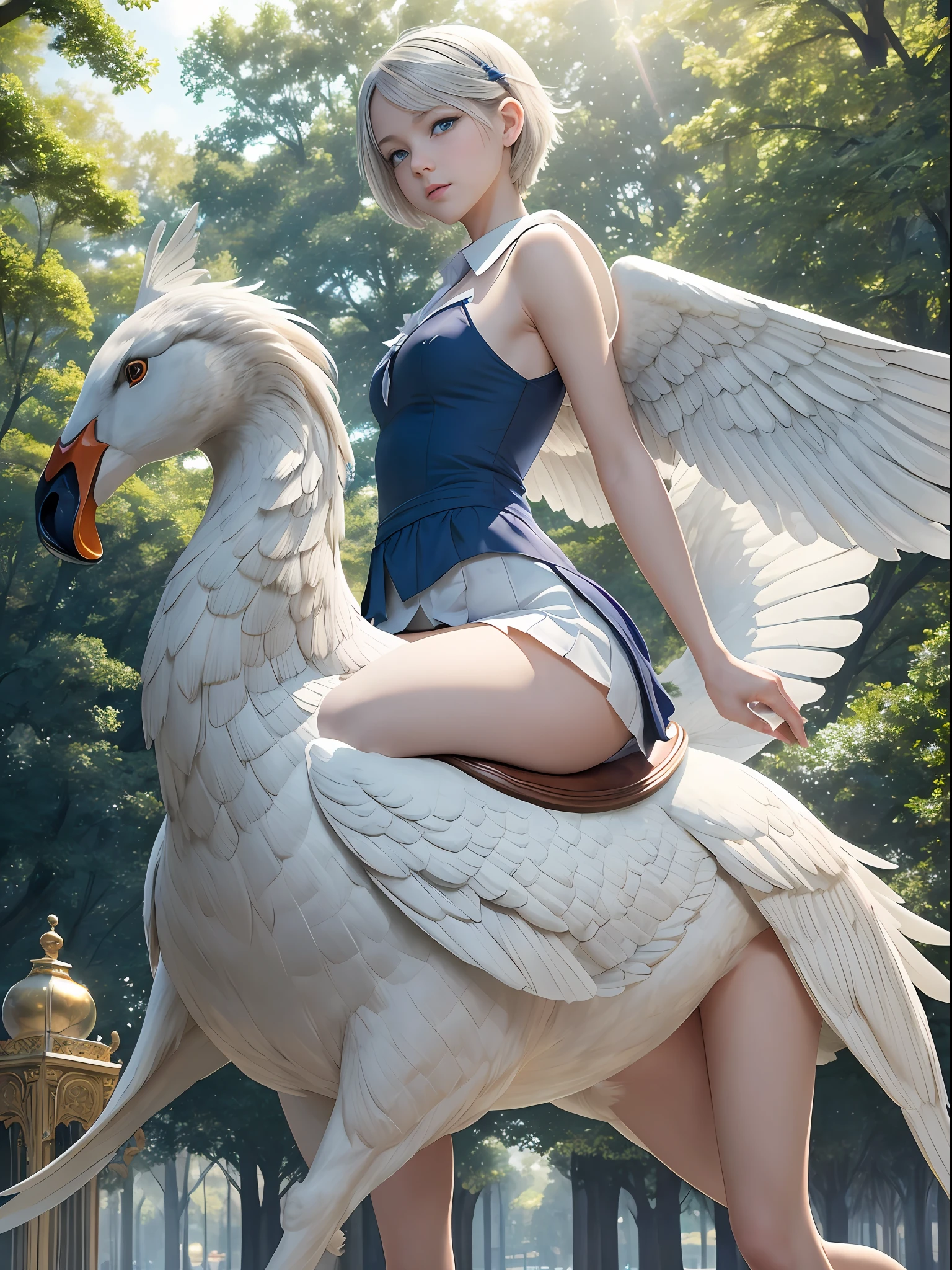 (Best Quality, Masterpiece: 1.1), (Realistic: 1.4), Beautiful naked girl is riding on the swan, god ray, teen, silver short hair, blue eyes, full body, from below, hourglass body shape, running on the park,