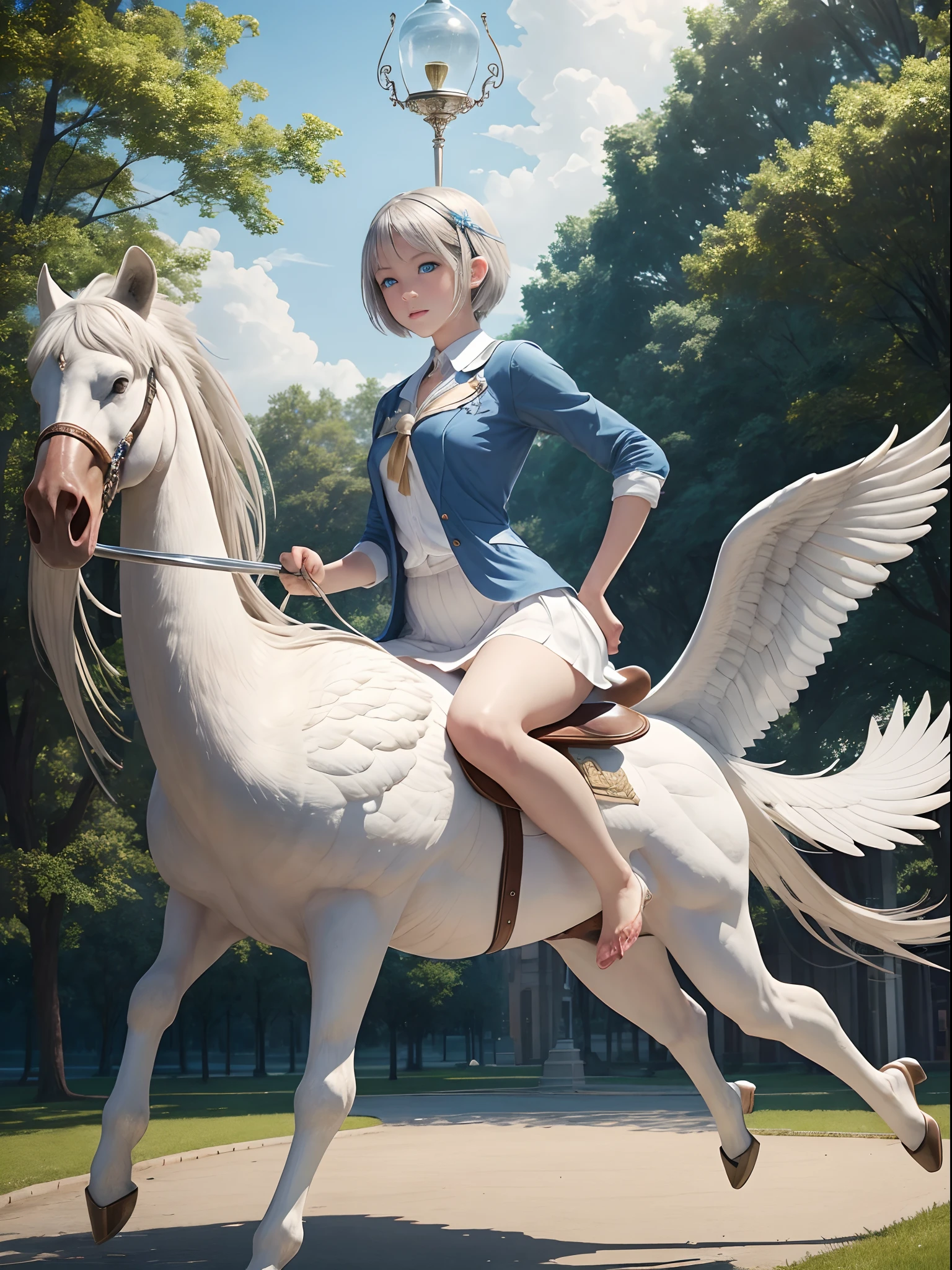 (Best Quality, Masterpiece: 1.1), (Realistic: 1.4), Beautiful naked schoolgirl is riding on the swan, god ray, teen, silver short hair, blue eyes, full body, from below, hourglass body shape, running on the park,