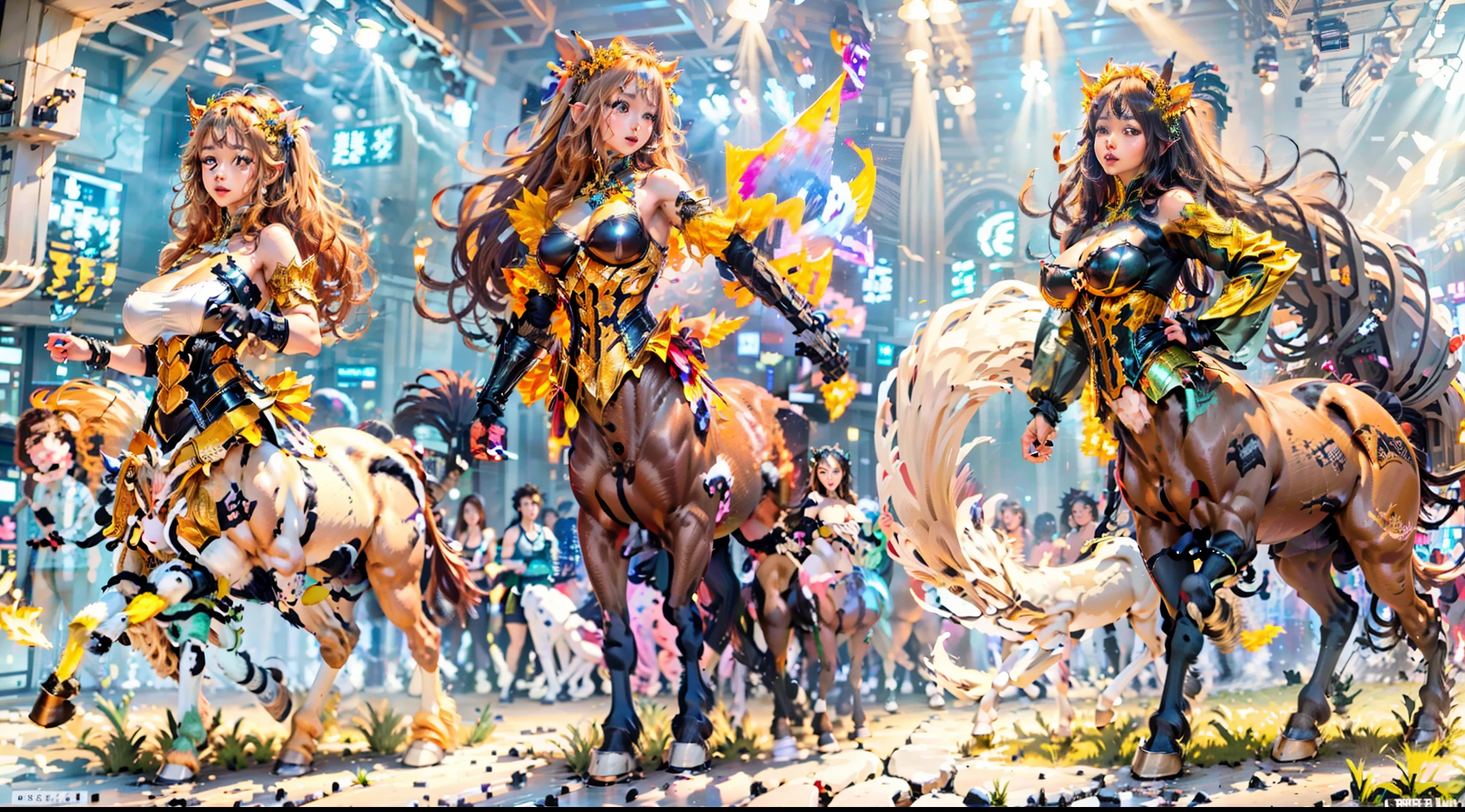 In the beautiful illustration of this super-grand scene，The ultra-long-range lens is shown（Eight unique centaur characters：9.9），They all have their own characteristics，Vivid and interesting。Radiant angelic centaurs from the heavenly realm，To the hellish centaurs surrounded by nightmarish flames，And then to the Wind Immortal Centaur dancing in the air，There are also one-horned centaurs surrounded by thunder and lightning，and mechanical centaurs that shine with metallic light，And then to the powerful dragon centaur with colored dragon scales covering the whole body，The elegant and agile elf centaur always wears a flower crown with its slender and graceful lines，Enchanting and charming Tiflin centaurs。Each character has their own unique charms and abilities。The illustration uses advanced artistic techniques and tools，（Divide the scene into sections by geometric arrangement：9.9），Each section corresponds to a centaur character，This makes more efficient use of space。Through Midjourney's advanced brush tools、Color palette、Material packs and model packs，Exquisite costumes and equipment are designed for each centaur，Enhances the character's personality and visual appeal。The scenery in the illustrations is stunning，There are changing skies、rainbowing、extreme light、Stars and Moon。Incorporating iconic landmarks such as Mount Everest，and fireworks、tranquil lake、Natural and urban elements of waves and neon lights，Creates a magical atmosphere。The centaurs showed off their skills and equipment in a variety of environments，This is true even in extreme alien landscapes。（Use Midjourney's tools、Material packs、Texture tools、The color palette makes depicting details vivid and realistic：9.9），From intricate hairstyles and clothing to authentic textures，Enhances the realism of the characters and surroundings。The fusion of multiple art styles adds movement to the centaur's movement at all angles，The overall visual experience is further enriched。The final illustration was described as a "mast