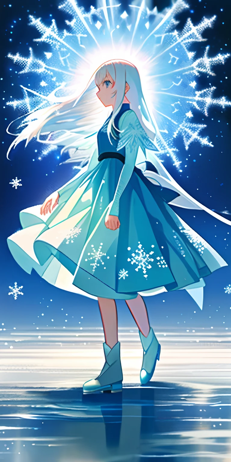 (tmasterpiece,best qualtiy),1 long girl with white hair standing on the surface of a frozen lake,There was a giant white bear beside her,pastel blue dress,There were some snowflakes falling,Blurred foreground