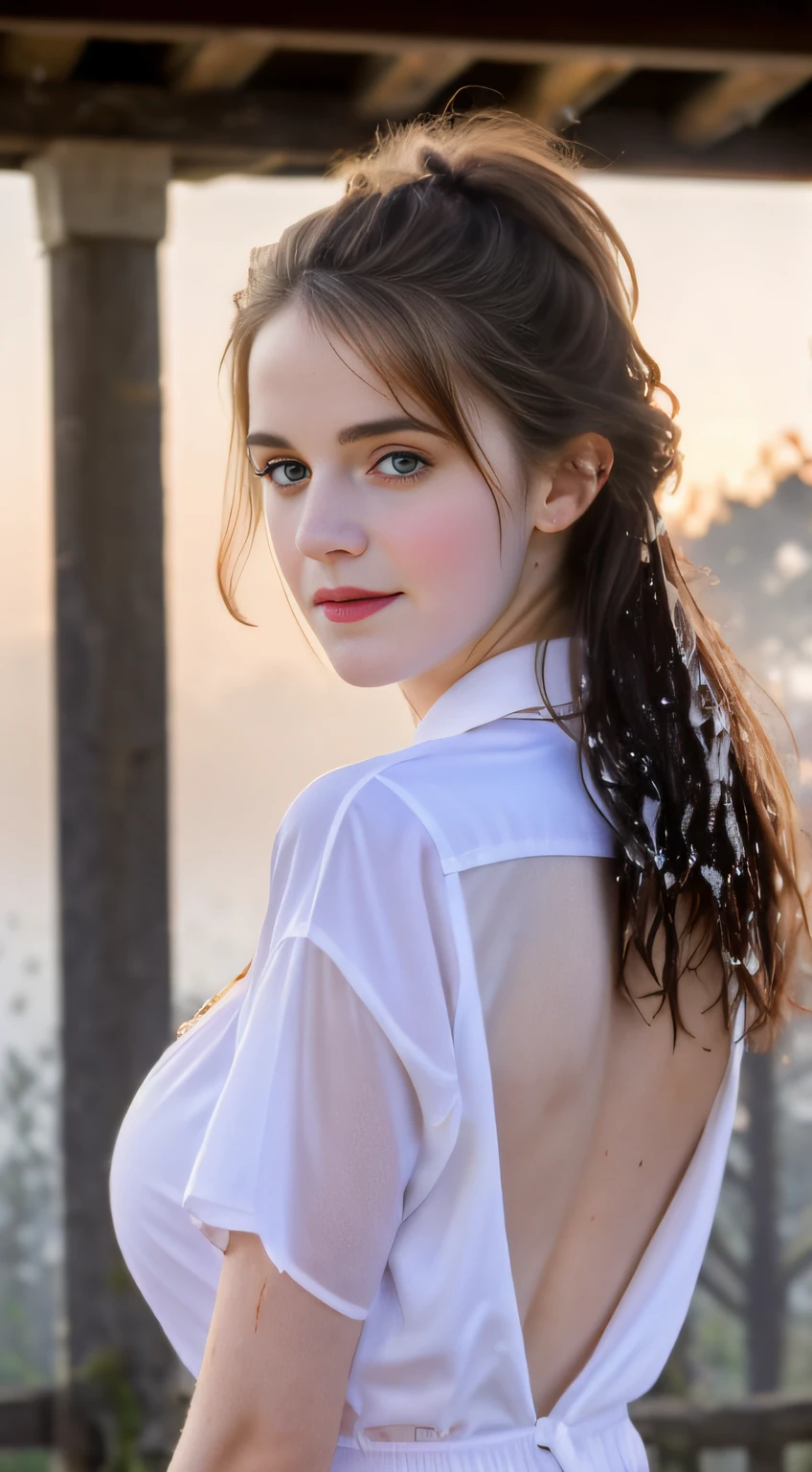 Beautiful Irish girl, Sweaty messy garters, Emma Watson, Adorable, Sweaty skin, Long sweaty blonde hair, The dress peeks, Bathe in backlight, Open button, rays of sunshine, with petals falling, rosette, Opened shirt, Cracks are shown, butt, Heavy fog, haze, Sweaty, Dripping, Hot girl, Cracks are shown, rose petals, Beautiful face, sunlit, In the attic, Covered with flowers and petals, godrays, cozily, Wet skin, Morning dew, back lit lighting, Hazy, prime time, morningglow, Erotic emotions, Alone, Countryside, Shy, Masterpiece, Best quality, Ultra-detailed, Solo, Smoke, Shadows, Contrast, Close-up, Cinematic light, Side lighting, 超高分辨率, Best shadow, primitive, 4K, Sexy, cleavage, David Hamilton style,