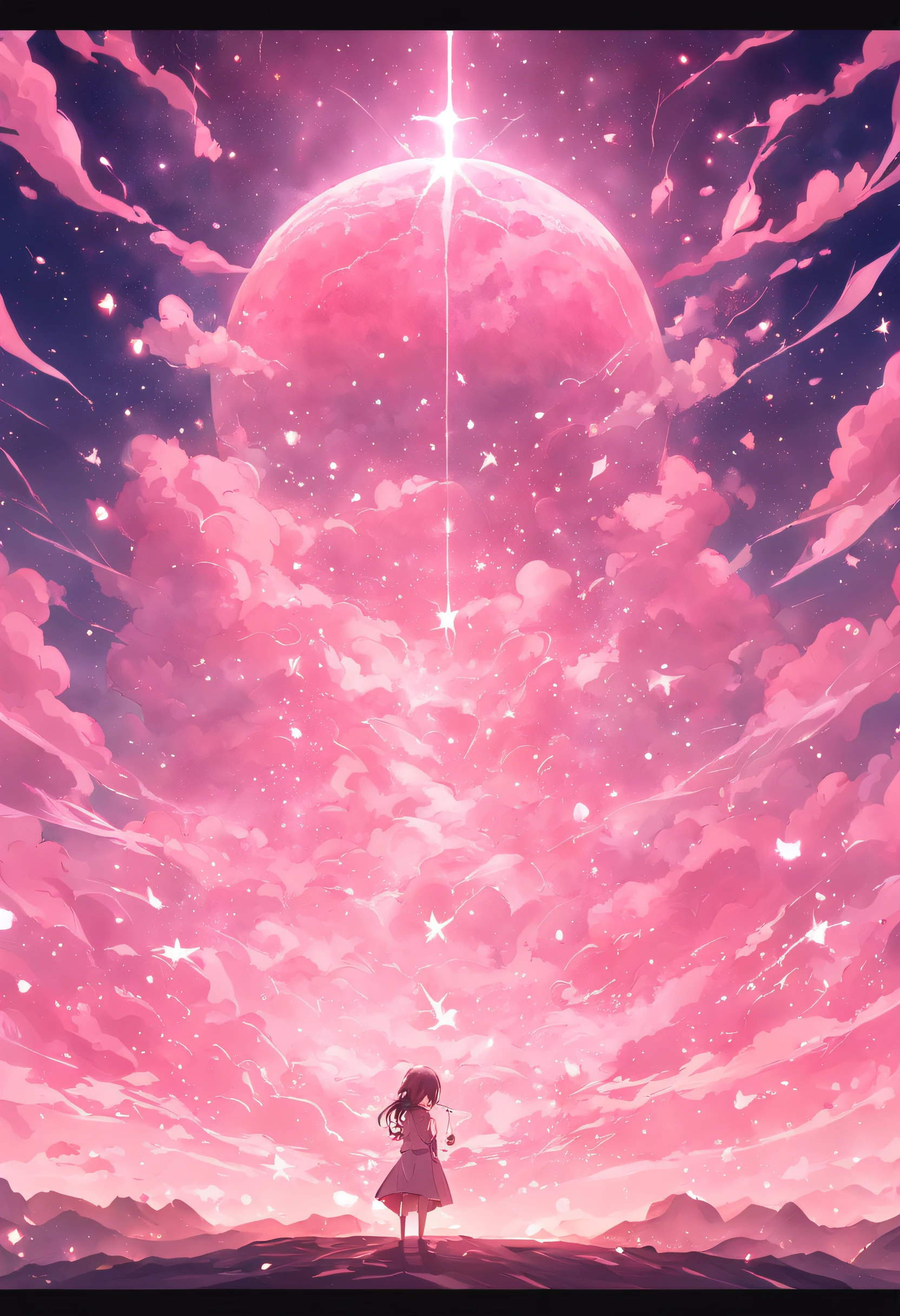 Illustration style,Pink moon and sky,Soft pink clouds,Sparkling waves,Rose on a pink ocean,Fantasy diamonds and crowns,kosmos,gentlesoftlighting。