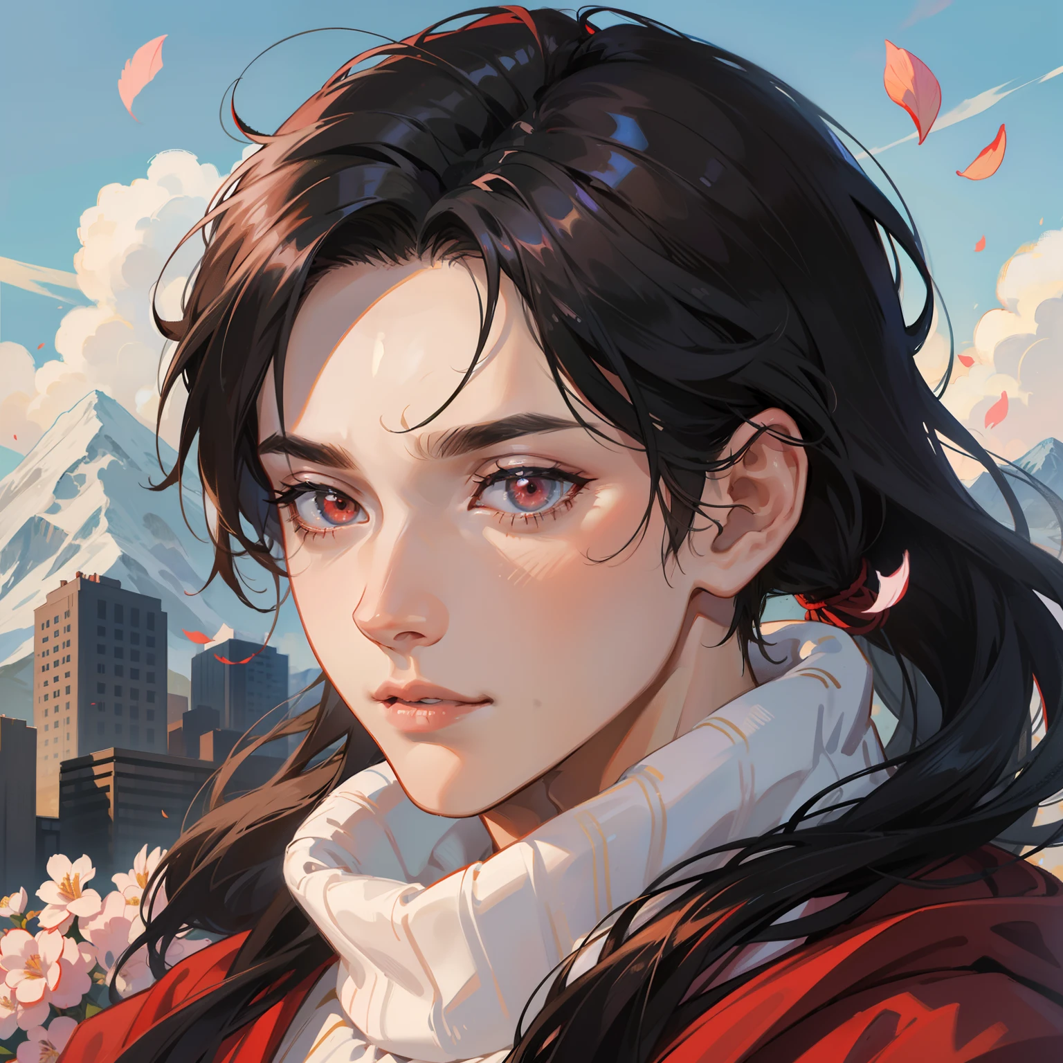 Best quality, masterpiece, potrait, avatar, half-body, 1 man, tall muscular male, man focus, man only, long wavy black hair, low ponytail style, red eyes, turtle-neck with white robe, 3/4 side, bright eyes, brilliant scene, sky, looking down, looking at the viewers, city and mountainous background, flying petals, male face, look far away, backyard