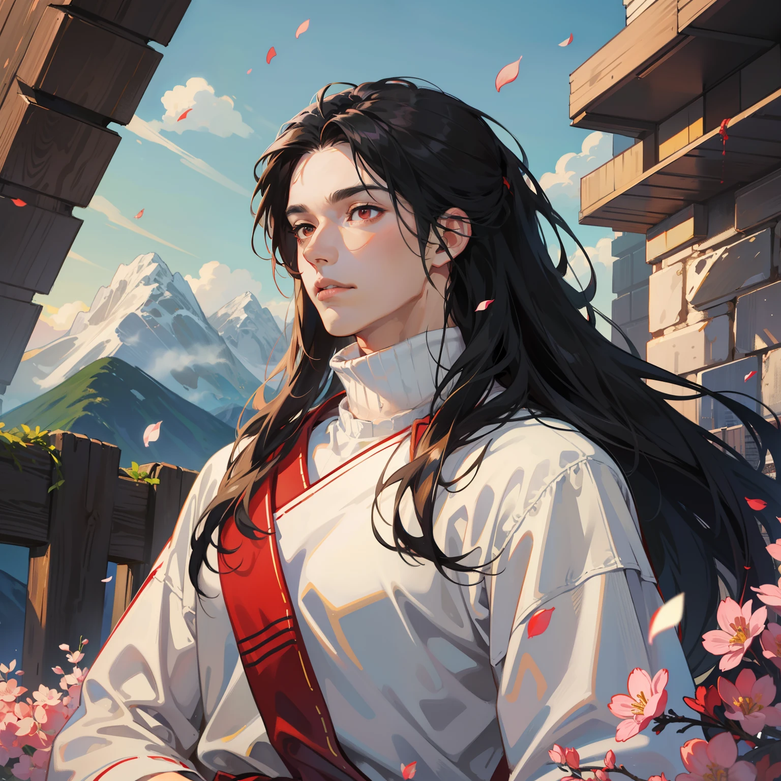 Best quality, masterpiece, potrait, avatar, half-body, 1 man, tall muscular male, man focus, man only, long wavy black hair, low ponytail style, red eyes, turtle-neck with white robe, 3/4 side, bright eyes, brilliant scene, sky, looking down, looking at the viewers, city and mountainous background, flying petals, male face, look far away, backyard