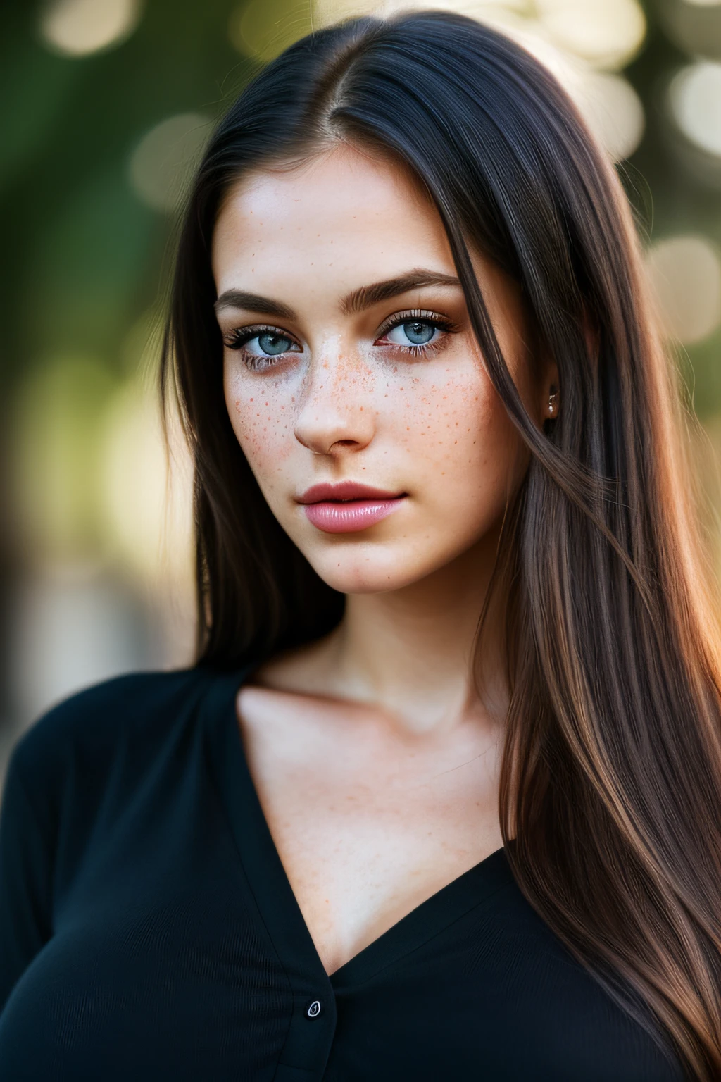 color photograph, close-up, ((a realistic photo of a beautiful girl)), (milalc), light, ((glowy skin)), looking_at_viewer, (fit body:1.0), ((large breasts)), long hair, detailed illustration, masterpiece, high quality, realistic, very detailed face, freckles, black hair, blue eyes, black shirt