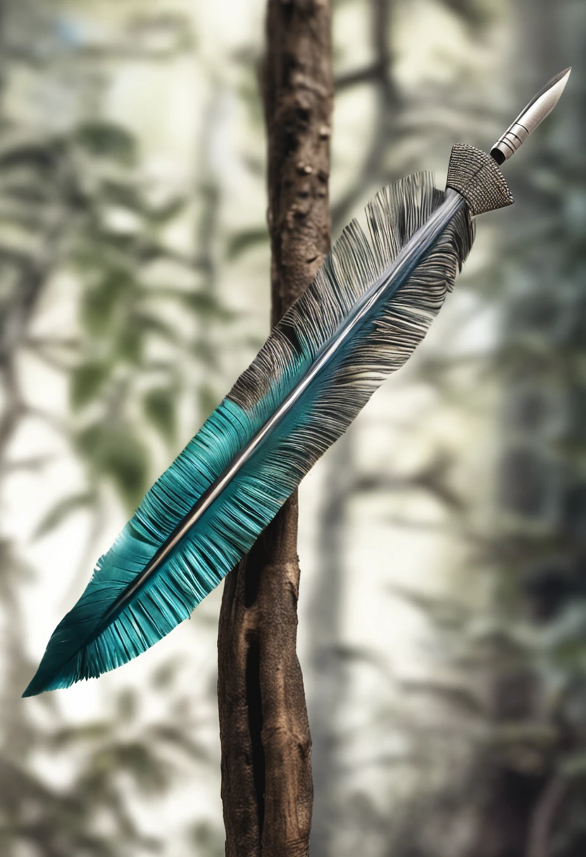 flecha indigena, realista, preto e branco, arrow, luz realista, tatooagem, folhas, plantas, Sharp stone arrow with the other end of peacock feathers, arco e flecha