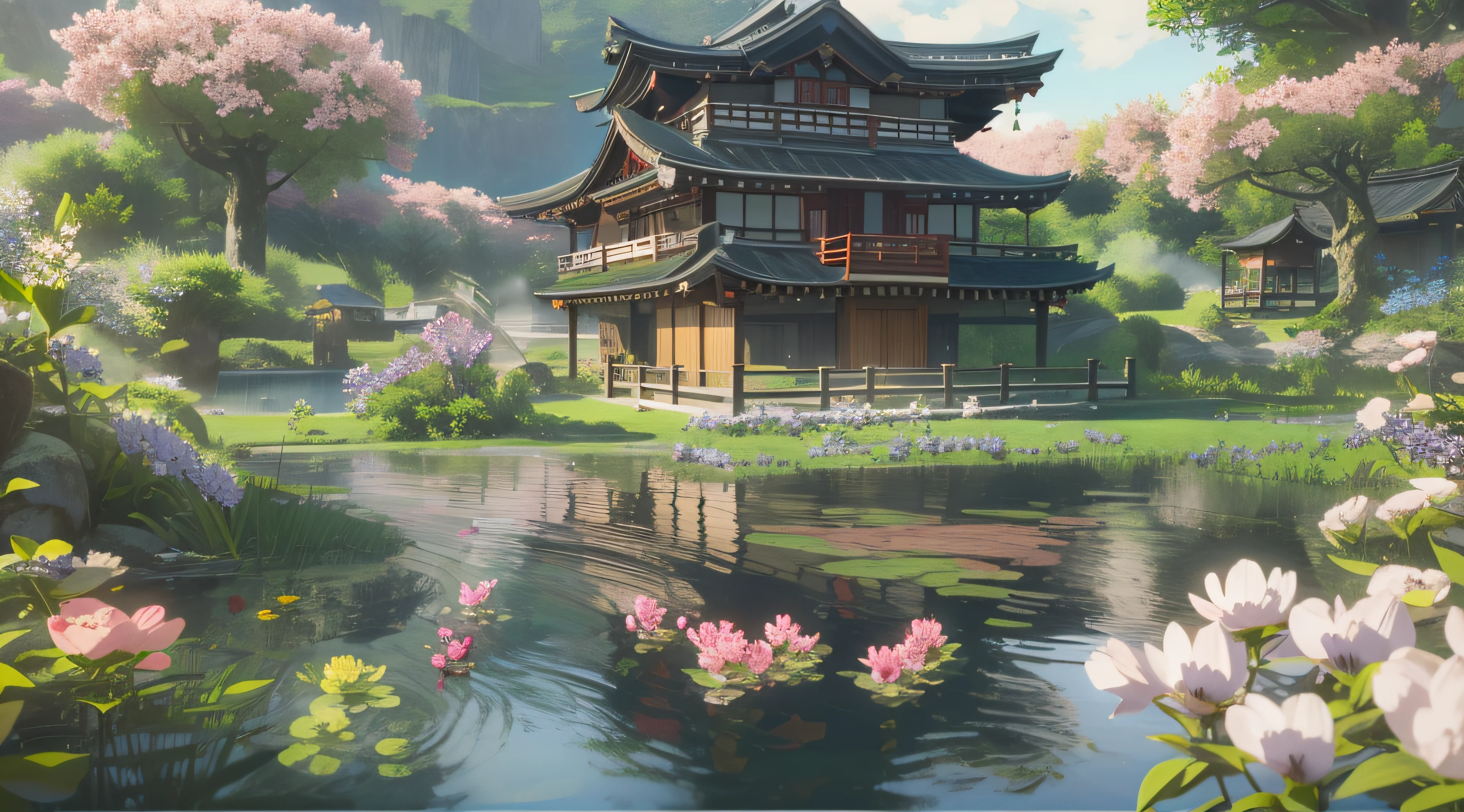 tmasterpiece， Best quality at best，Sea of azaleas，florals，rios，Huge watermill , [(White background:1.5)::5], Medium Shot Shot,honeybee ,Petals floating in water,steins,Cloud,sunraise,Dusk,Soft light，Micro photoparticles，House under the tree，Japanese-style architecture