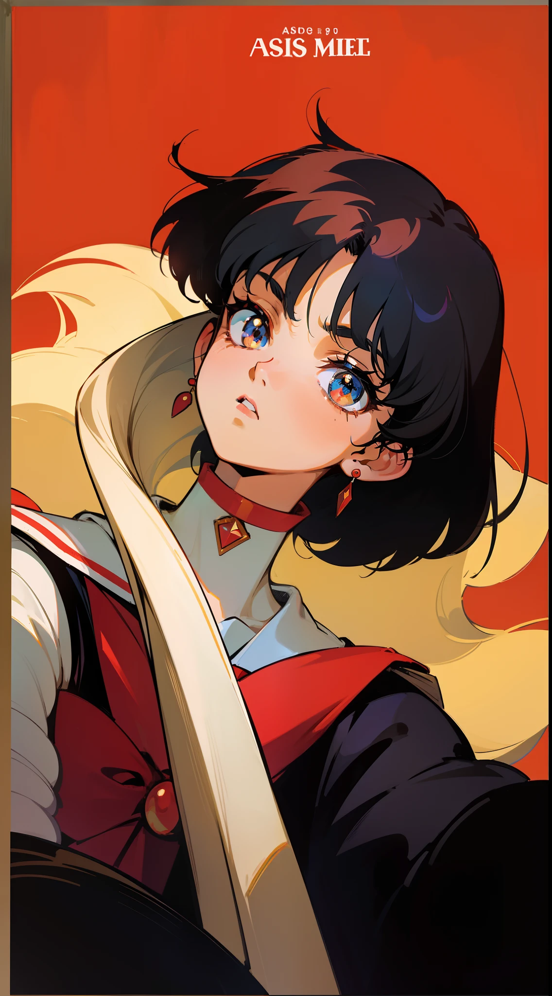 mis; an anime girl with black hair on front of a
poster ,Sailor Mars,in the style of vintage aesthetics,posh outfit,celebrity and pop culture references,animated gifs, gritty reportage, asante art, 32k uhd,19th century,90's anime