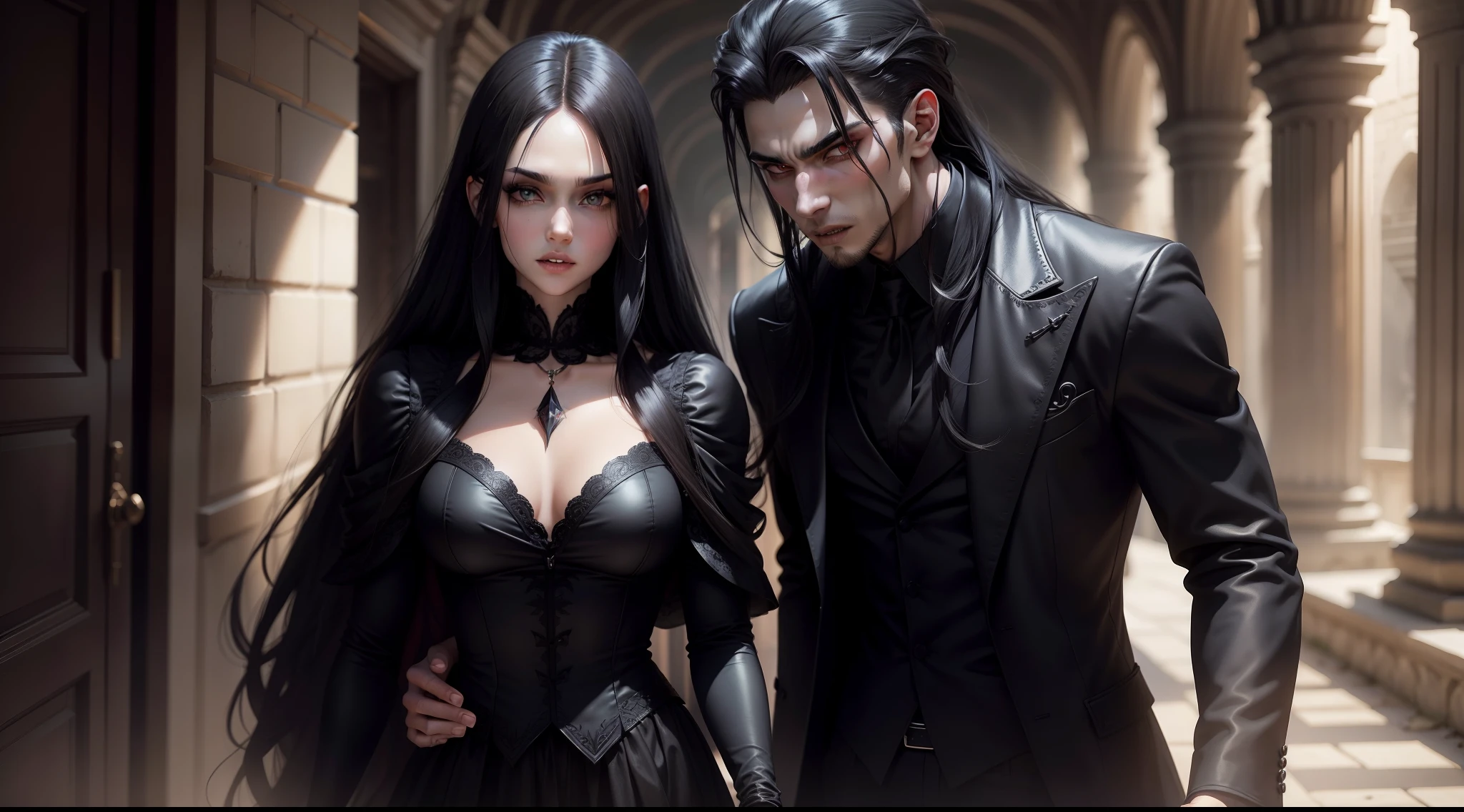 Vampires，male people，whaite hair，black-clad，Beautiful face，Beautiful eyes，Black eyes，shoun，Full body like