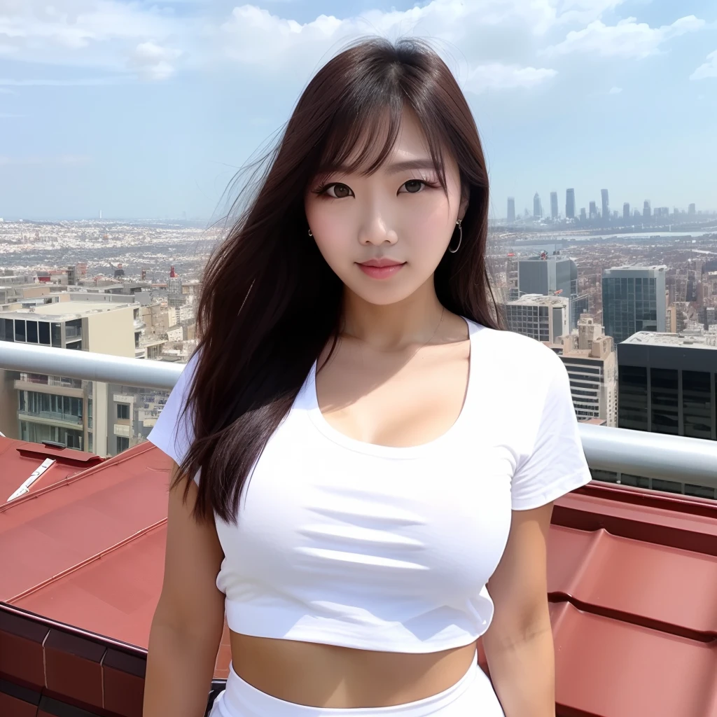 ((Midnight, Best quality, 8k, Masterpiece :1.3)), Whole body, Long legs, Sharp focus :1.2, A pretty woman with perfect figure :1.4, Slender abs :1.1, ((Dark brown hair, Big breasts :1.2)), (White tight tshirt, Jean bib, Standing:1.2), ((Night city view, Rooftop:1.3)), Highly detailed face and skin texture, Detailed eyes, Double eyelid