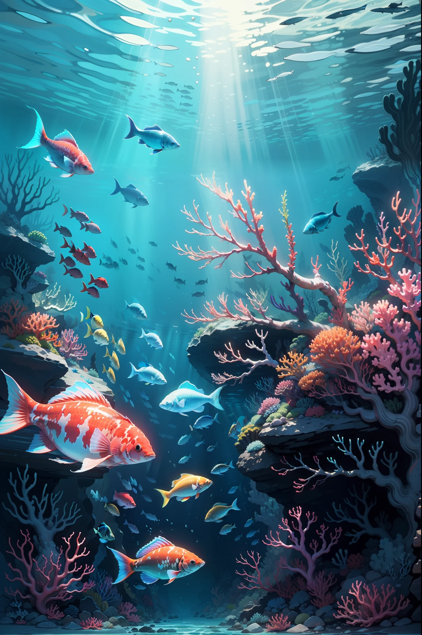 (ocean floor、Marine life、Beautiful coral reef、The fish),Messy painting style，Hair flows in water