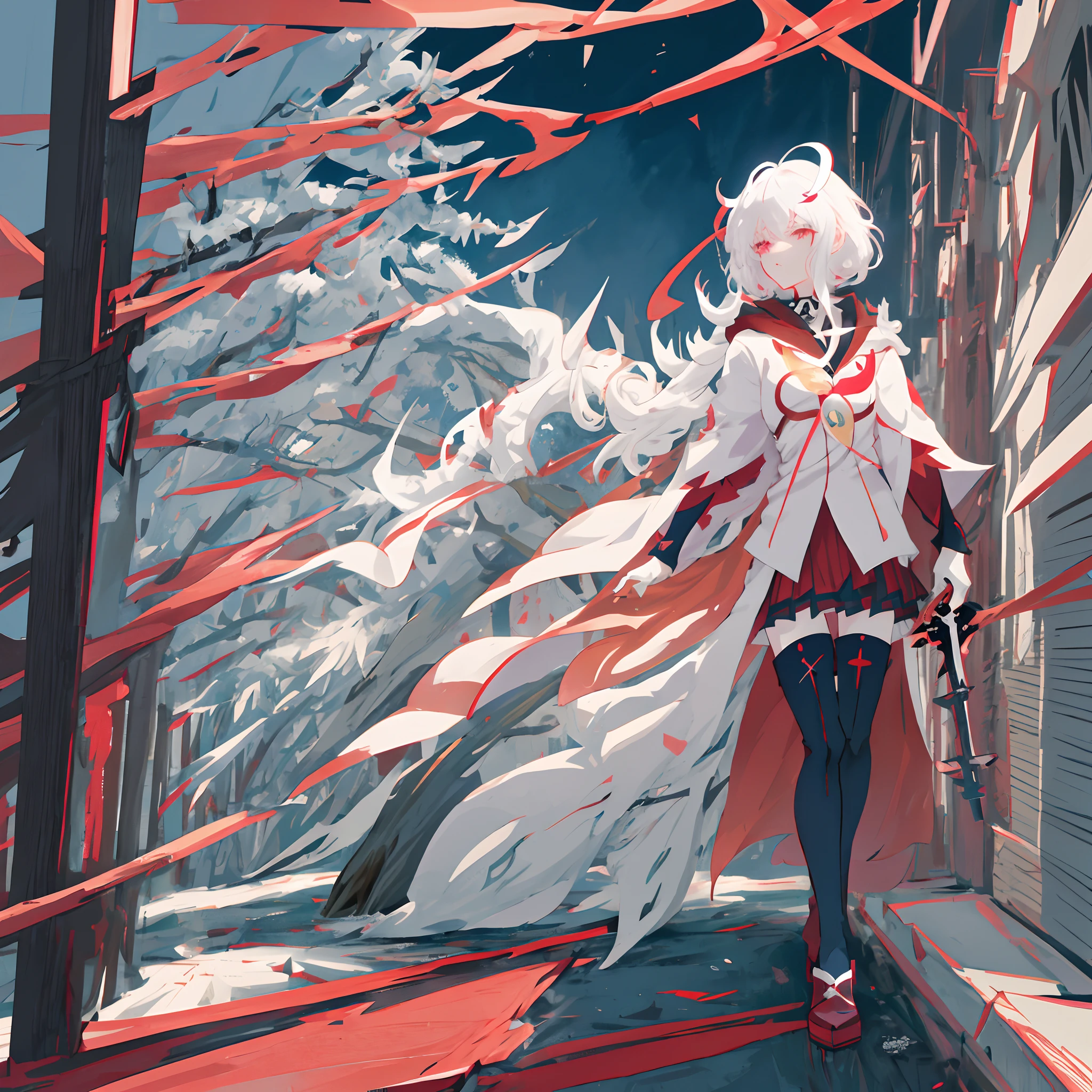 anime girl with white hair and red cape holding a sword, Badass anime 8 K, demon slayer rui fanart, demon slayer artstyle, anime style like fate/stay night, Key anime art, From Arknights, nagito komaeda, Keqing from Genshin Impact, Epic anime style, gapmoe yandere grimdark, Best anime 4k konachan wallpaper