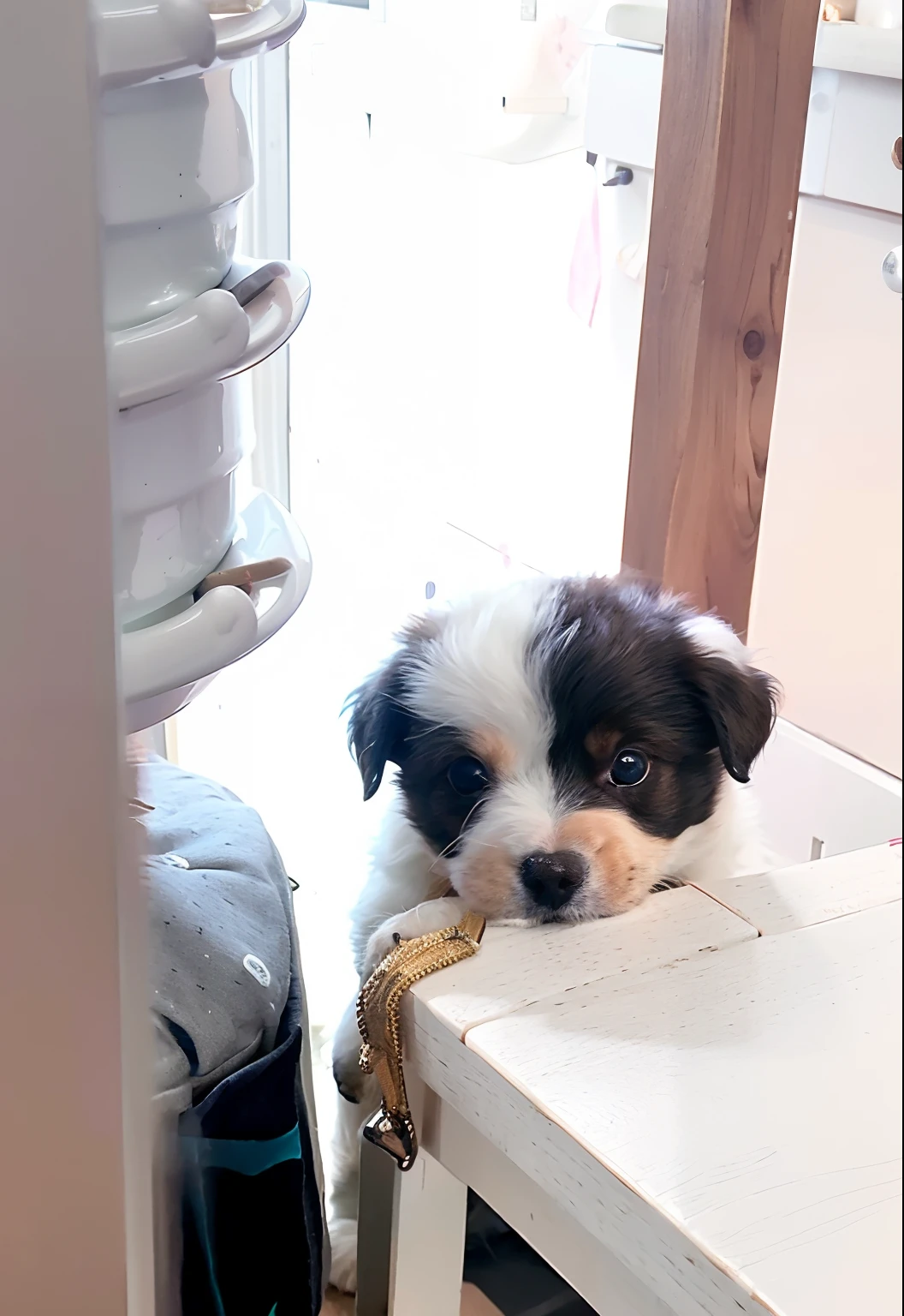 there is a small dog that is sitting on a table, with cute doting eyes, taken with sony alpha 9, ready to eat, curious expression, puppy, taken with sony a7r camera, cute face, captured with sony a3 camera, she has a cute face, with small nose, on kitchen table, innocent face, looking at camera!!!