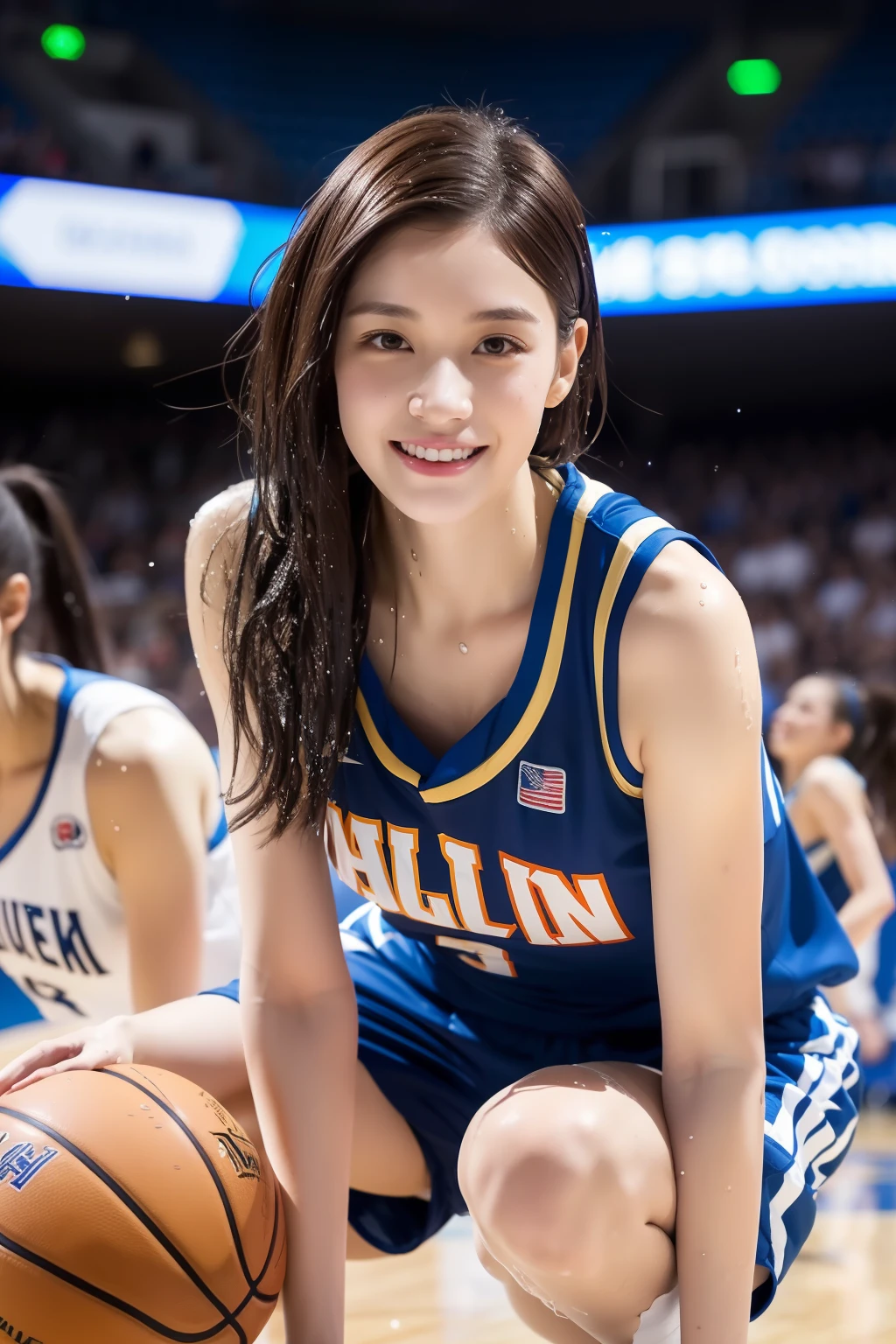 (masterpiece, ultra-detailed, ultra-realistic, best quality, clear focus, photorealistic), solo, 1 woman, (ultra-high resolution, 8k, 16k:1.3), (full body:1.3), very wide shot, (perfect anatomy, hidden fingers:1.3), perfect face, (detailed face, detailed eye), (18 years old Japanese idol but famous professional basketball player:1.3), she belongs to the famous team, (wearing an extremely tight fitting colorful cute her Team's basketball uniform:1.3), (skin tight uniform:1.3), (Playing basketball at stadium with a full house:1.2), large breasts, slim waist, (very beautiful with very cute but cool boyish face:1.1), (Bad girl:1), cool girl atmosphere, light colored hair, (dynamic angle:1.3), (face focus), very slender but very muscular, very broad shoulders, painful expressions, (strong light, flat light:1.3)