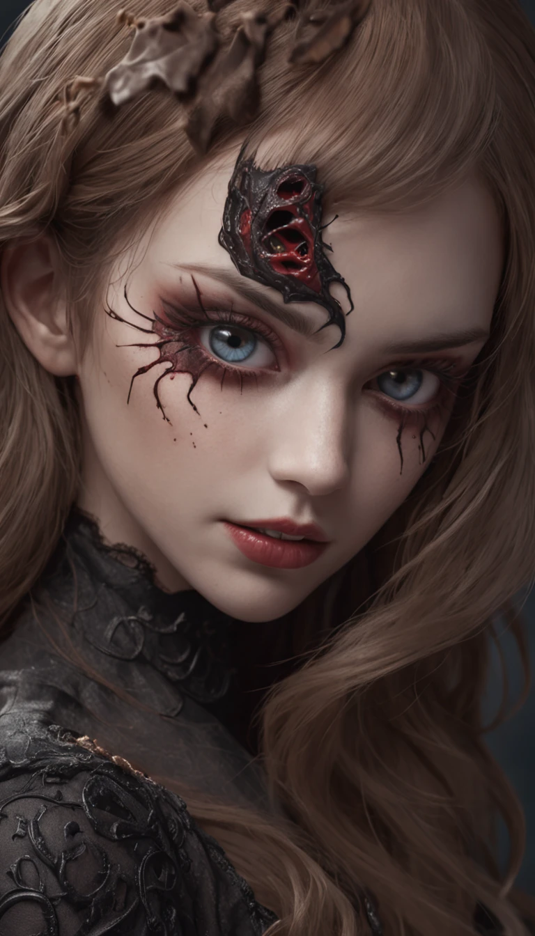 The girl who lived with Venom, anime art style, distorted and exaggerated characters, highlights, close-up