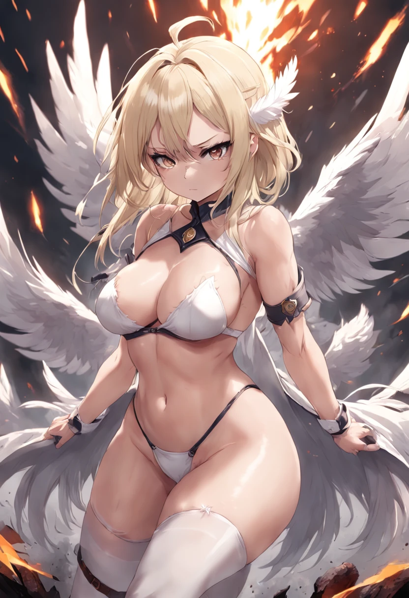 japanese anime style。illustratio。Dark Fantasy。White feathers。girl with。a blond。undergarment。natta。battle field。Colossal tits。pubick hair。teats。Lower abdomen exposure。A little angry。crouching down。Open crotch。