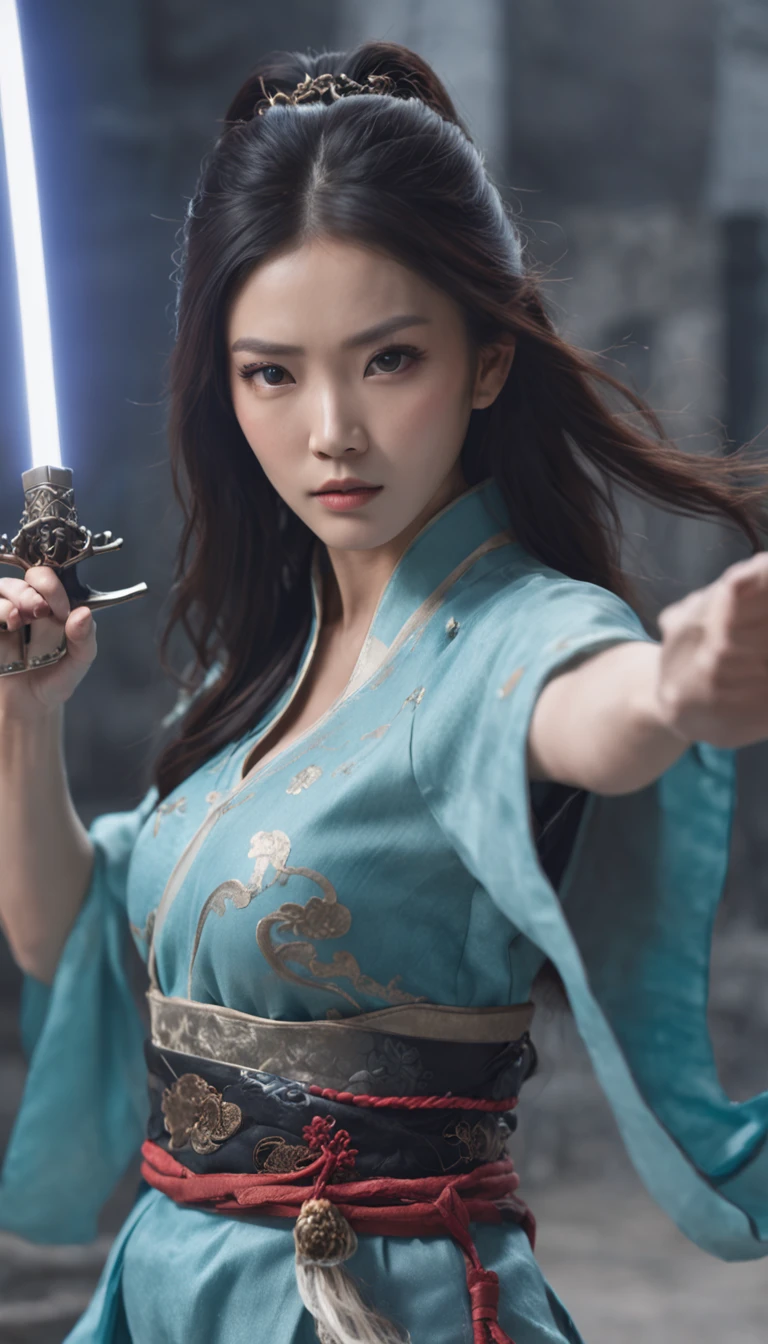 Panoramic, hyper-realistic photography, 30 years old Chinese female model, beautiful face, halo, abandoned city, holding black Japanese long sword, black high heels, beautiful long haired woman, wearing cheongsam, magic circle, drawn sword samurai surrounded by lightning, showing With weapons, gorgeous lighting effects, light cyan, motion blur, wearing Song Dynasty costumes, high detail, glow effects, high detail, detail capture (ECU), Unreal Engine, Quixel Megascans rendering, 3D, C4D