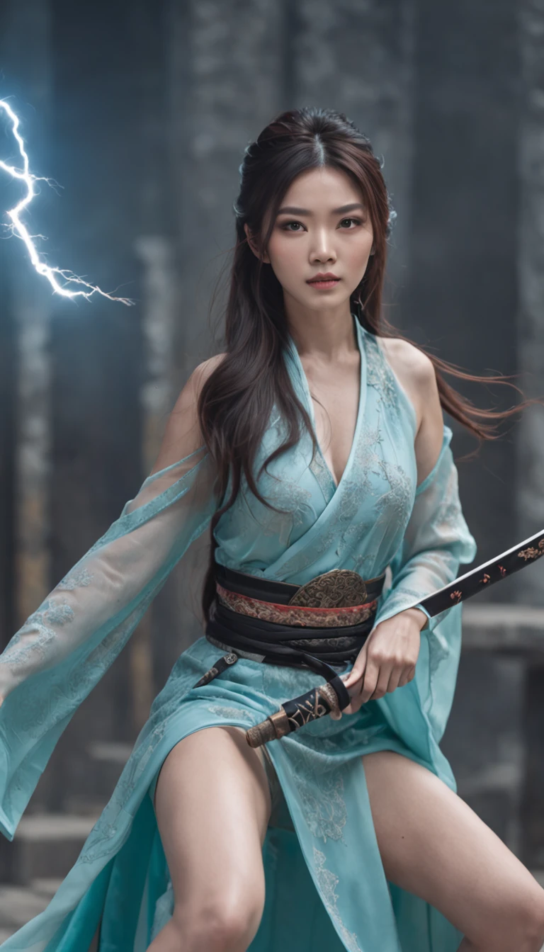 Panoramic, hyper-realistic photography, 30 years old Chinese female model, beautiful face, halo, abandoned city, holding black Japanese long sword, black high heels, beautiful long haired woman, wearing cheongsam, magic circle, drawn sword samurai surrounded by lightning, showing With weapons, gorgeous lighting effects, light cyan, motion blur, wearing Song Dynasty costumes, high detail, glow effects, high detail, detail capture (ECU), Unreal Engine, Quixel Megascans rendering, 3D, C4D