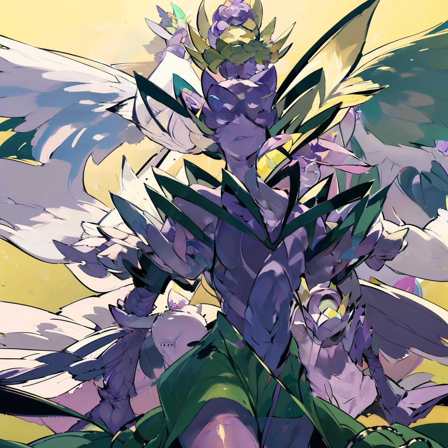 ((mature male, masterpiece, looking down, gods)),((masterpiece: 1.2)),ultra-detailed, ultra high res, high quality, 4K, solo, 1boy,extremely delicate and beautiful,illustration,masterpiece,(illustration),(highres),digimon,fishnets,purple helmet,standing, ((Lotusmon as a Man)),(anime)