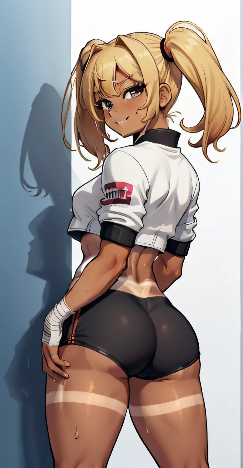 ((high_quality)), ((best_quality)), facing_forward, masterpiece, great_quality, ((tanlines:1.3)), tan_lines, brown_skin, tomboy, muscle, blonde, gyaru:1.7, thick_thighs:1.2, big_ass:1.1, abs:1.5, twintails:1.1,  sweat, solo, (solo_girl:1.7), navel:1.2, (smug:1.5), long_hair, bandages, white_top, black_shorts, black_jacket, ((wrestling_ring))