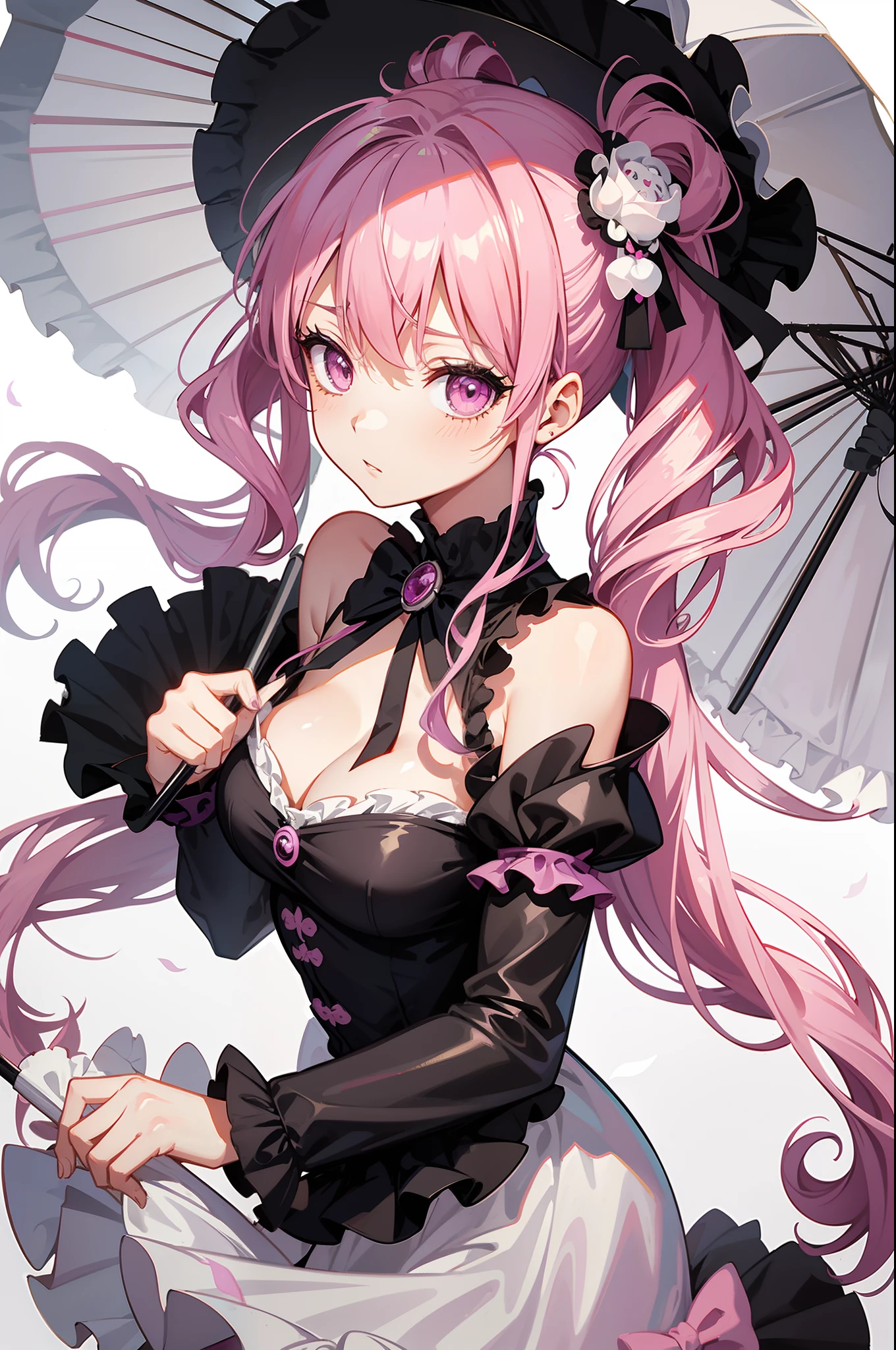 one piece ghost princess perona, ghost and sakura aura, holding a cute umbrella, black pink gothic outfit, hair tied into two curly pigtails with black and white flower hairpins, perfect body shape, wearing black top hat with ribbon, masterpieces, light make up, ghost effect