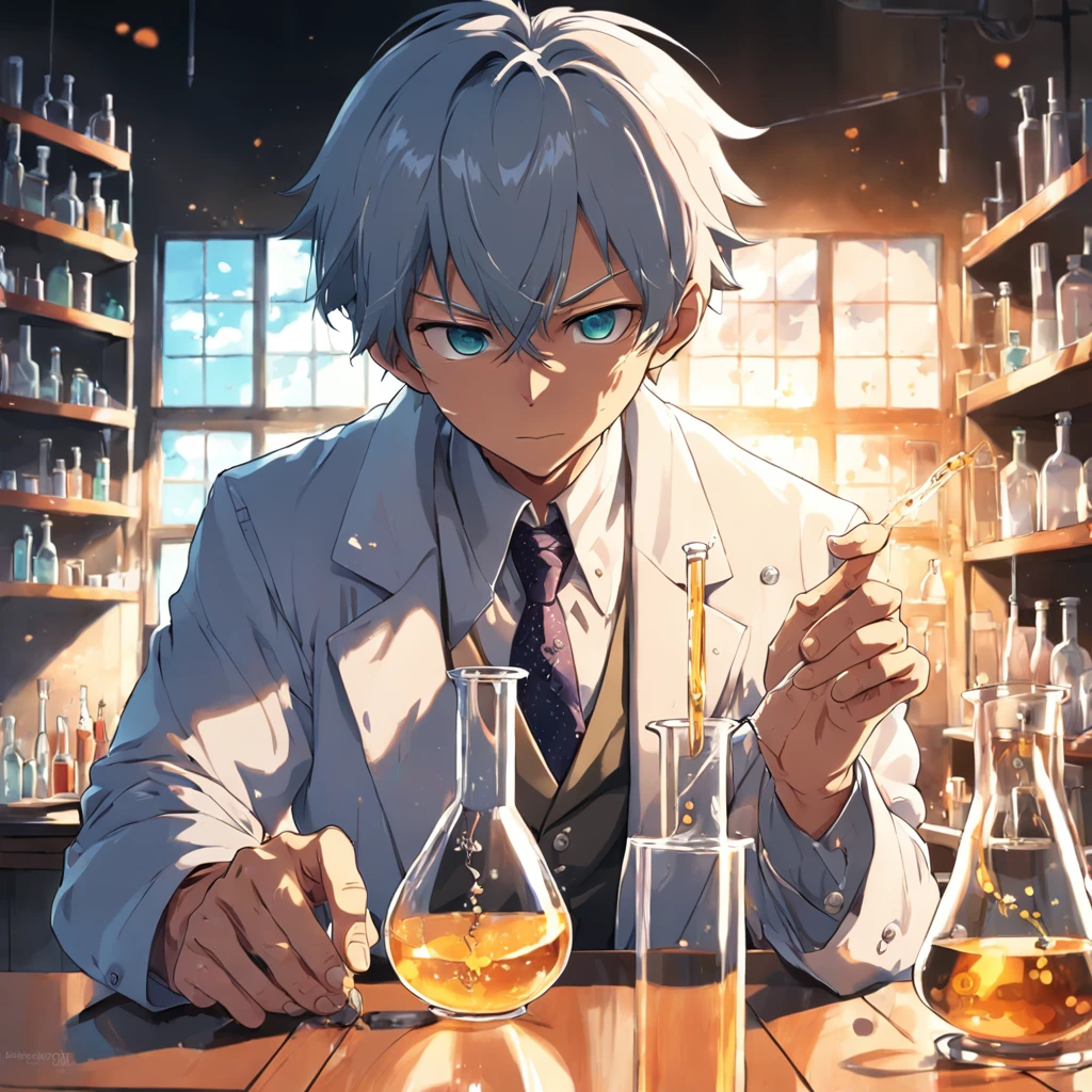 in chemistry lab,A middle-aged uncle holds a flask,Attentively,and the sun was shining brightly,super detailing,Anime line drawing