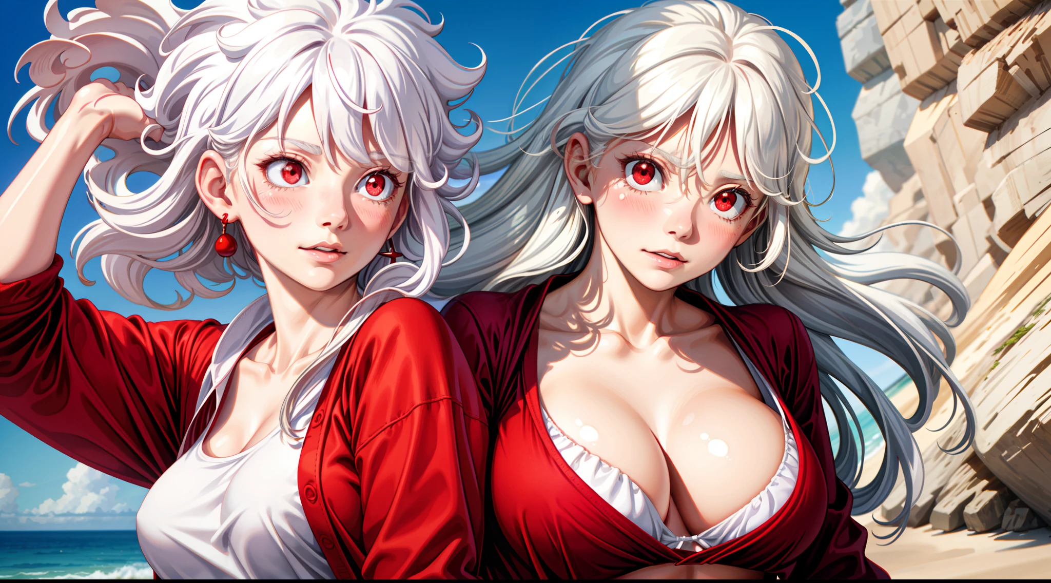 focused upper body, realistic, 1girl, white hair and sparkling red eyes, blush, morning, at the beach, sunlight, (wearing red shirt)