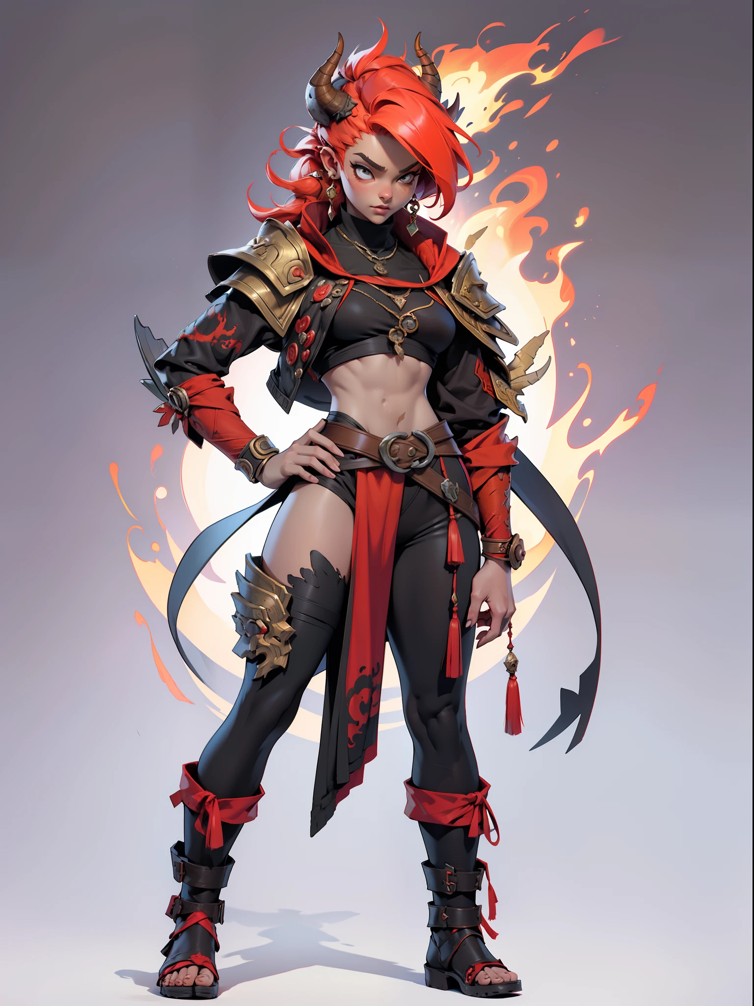 ((top-quality))、((tmasterpiece))、((Full body photo of a woman))、((very simple background))、(Game character design)、amazon warrior，Primitive barbarian tribal style，((The fire element fuses with clothes，Fire element chest shell))，exposed navels，Animal skin clothing，cloaks，Red clothes，Red demon monster、monster design，(the fire goddess，Flame element merging)、Cartoony、Beastman、Ivory ornaments、独奏、Fighting posture，Riot game concept art