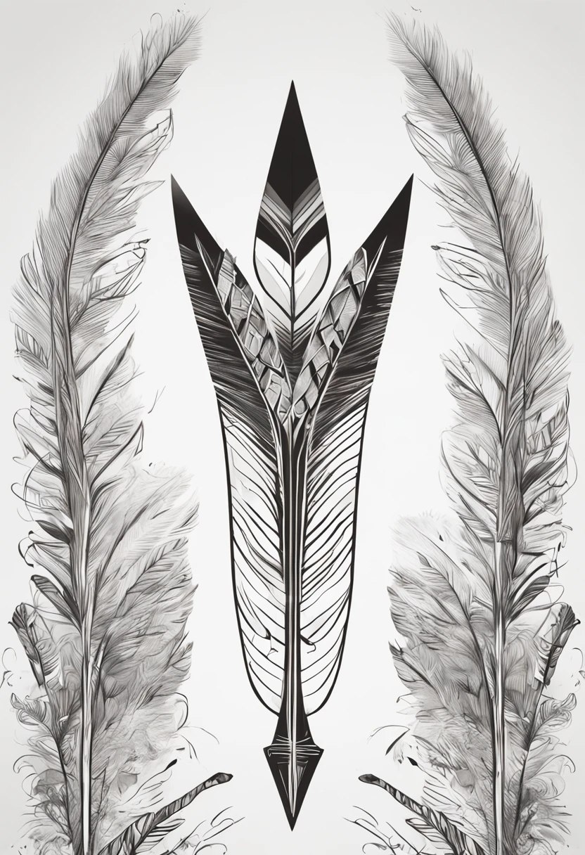 Abstract drawing of an indigenous arrow with a sharp tip of stone and the other tip of peacock feathers, arco e flecha, preto e branco, arrow, luz realista, tatooagem, folhas, plantas, flecha, arco e flecha