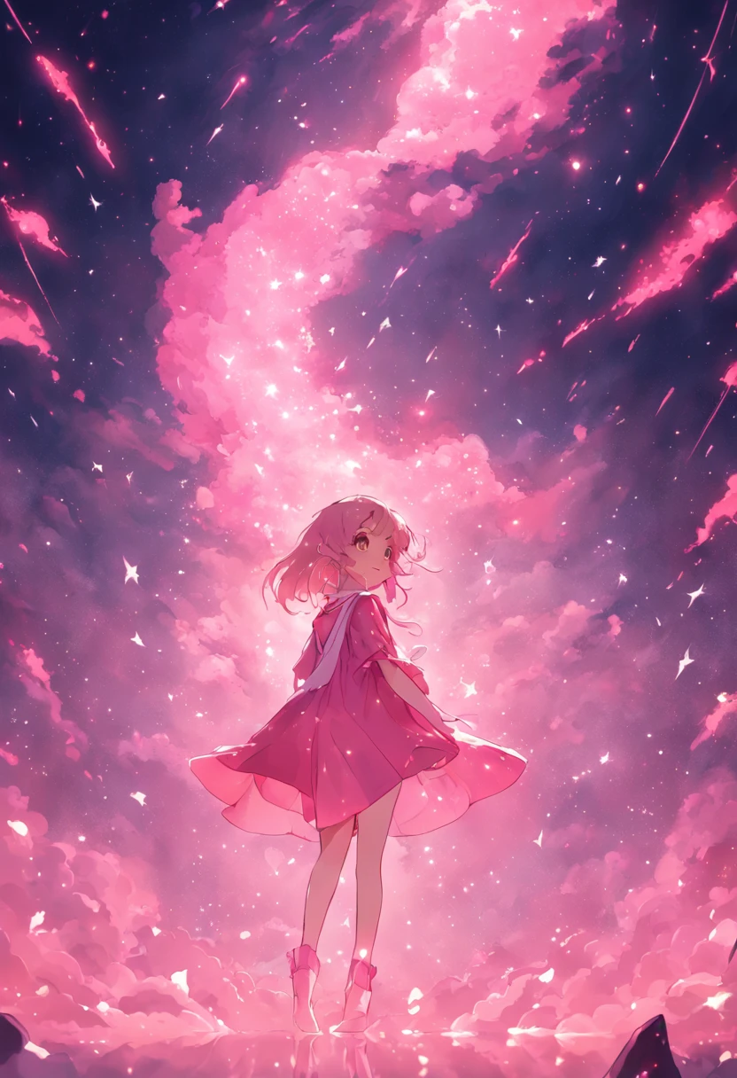 Illustration style,Pink moon,A sea of pink clouds,meteors,Sparkling tail,Girl in pink waves with stars around,Broad background,Complicated details,(Firefly 1:2),Irridescent color(1:2)dream magical