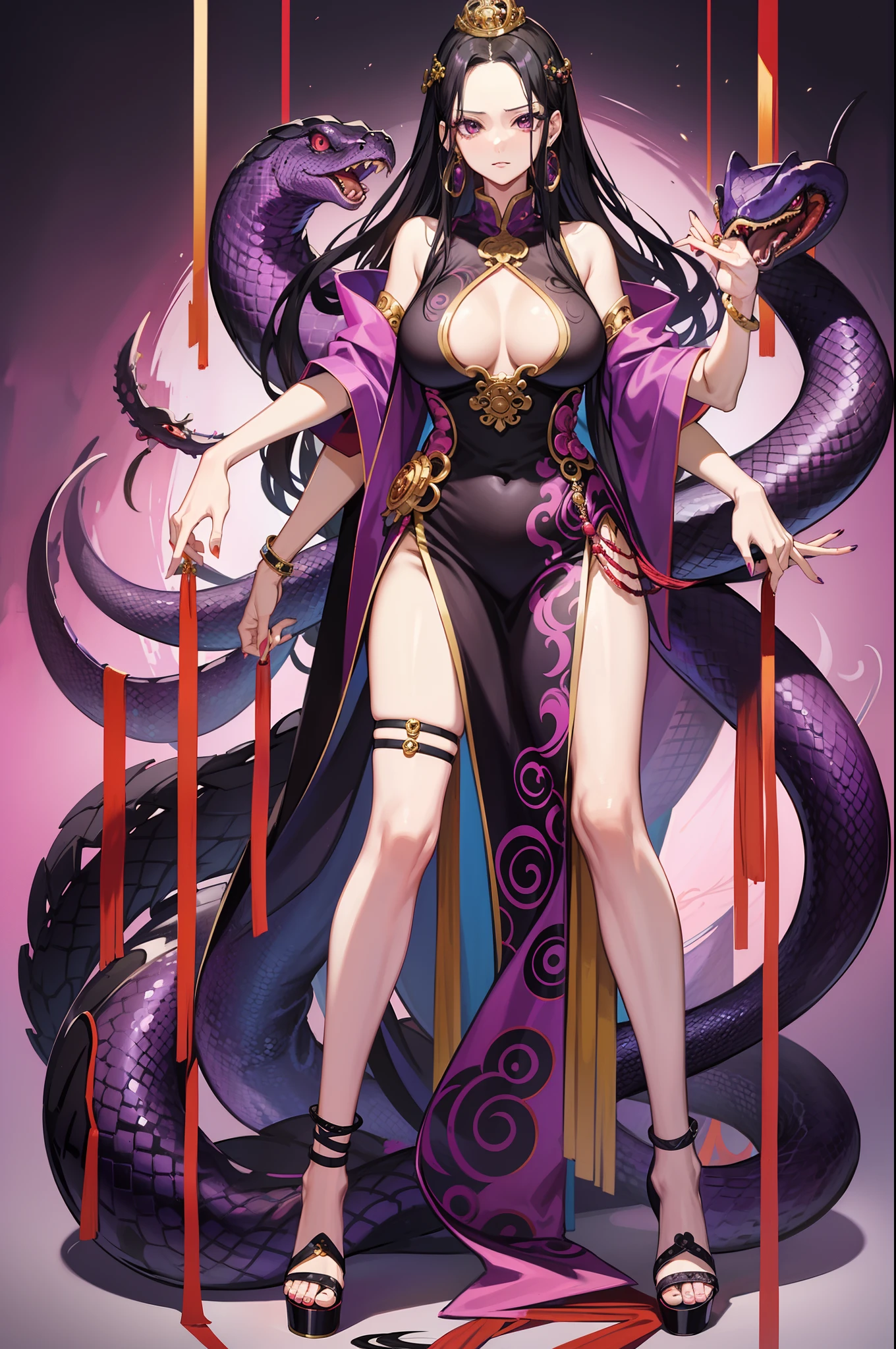 one piece boa hancock, purple and black color silk chinese dress outfit, snake shape earring, perfect body shape, long legs, masterpieces, empress aura, make up, surrounded by snake python, black long hair, black bright pupil, pink love shape bubble effect, big breast, high heels, solo